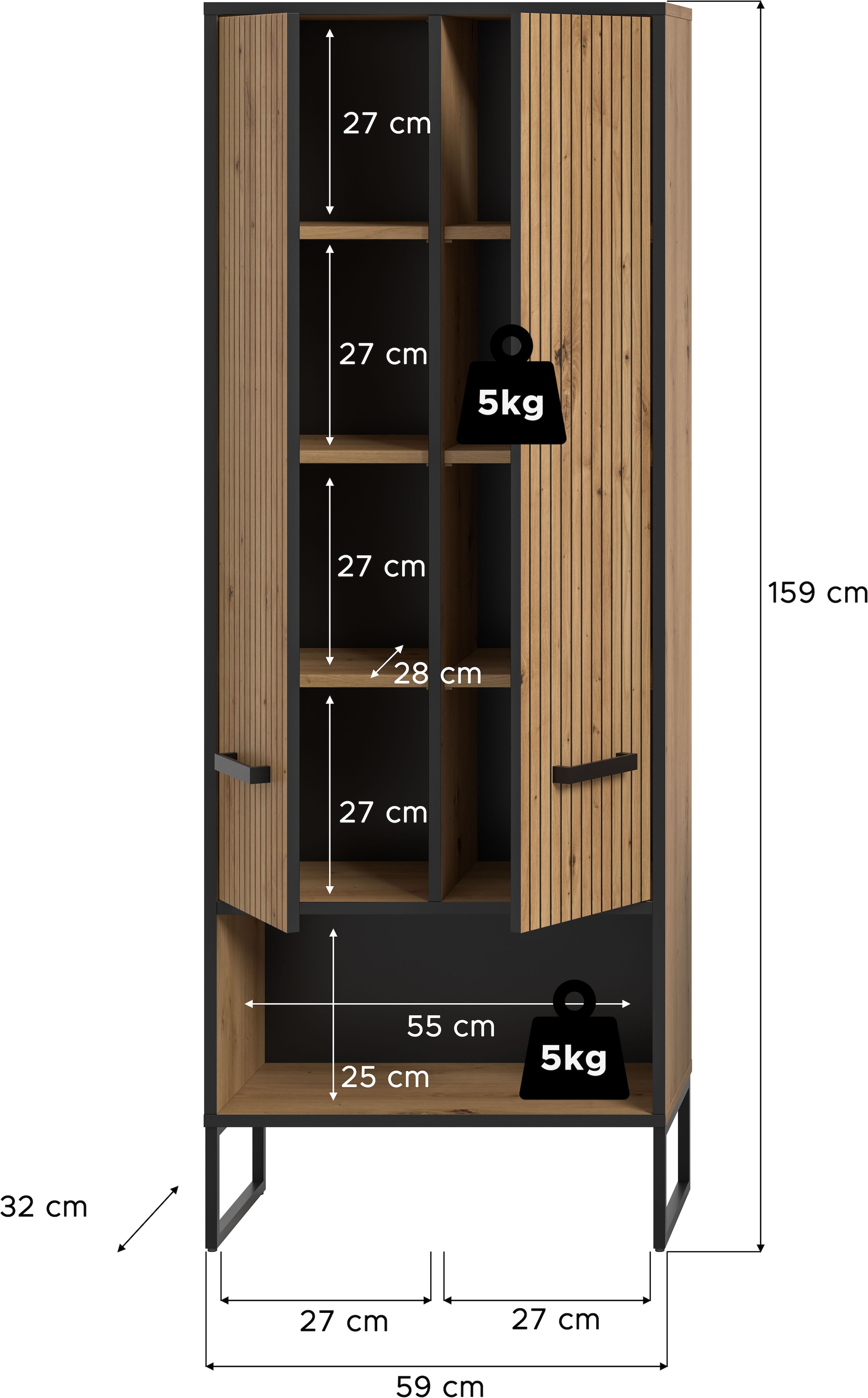 welltime Armoire haute »LOCRI, Höhe 159 cm, 2 Türen, 6 Einlegeböden, 1 offenes Fach« Look industriel avec rainures & patins métalliques, 1 cuis tlg. semelles intérieures variables, design moderne, armoire de salle de bain, salle de bain