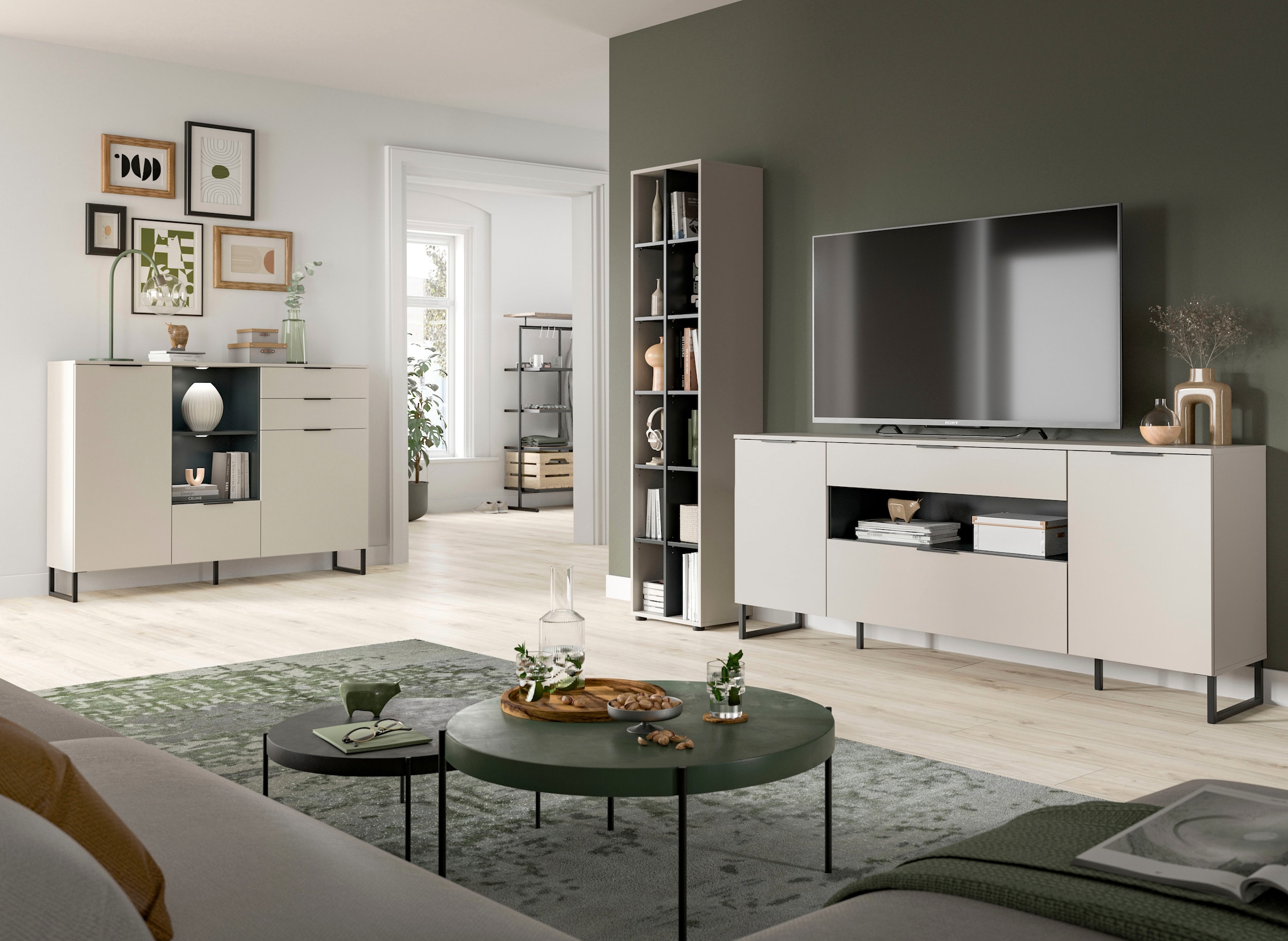 Home affaire Meuble mural »ADIO, Breite 245 cm, 2-teiliges Set, mit Metall-Kufenfüsse« Set, bestehend aus: Standregal und Sideboard, 2 cuis tlg.