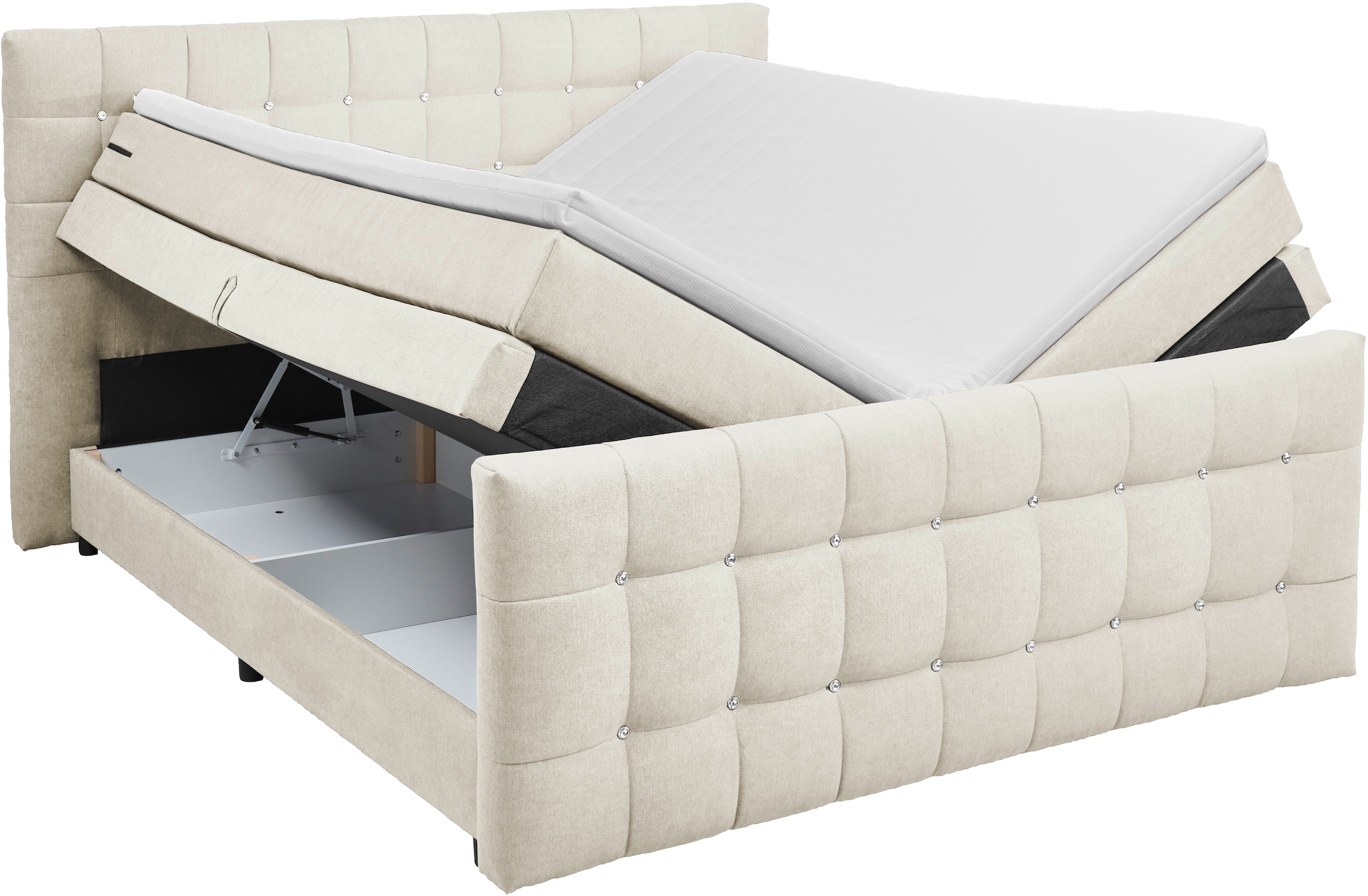 ED EXCITING DESIGN Lit boxspring »Loberie« avec strass sur la tête et le pied, coffre de lit inclus