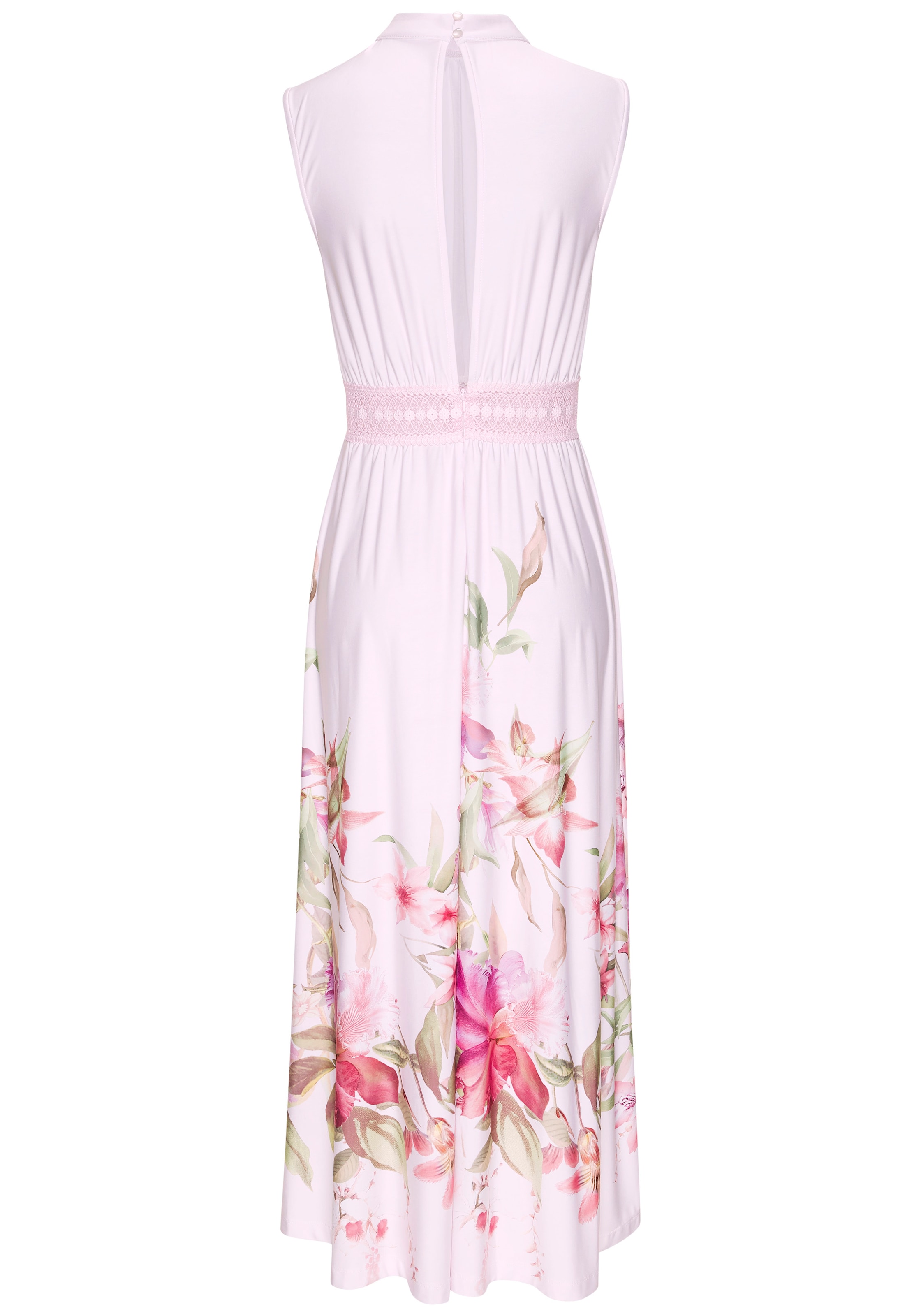 LASCANA Maxi robe »aus glatter bügelfreier Ware« avec imprimé floral, robe d'été avec insert en dentelle, robe en jersey, festive