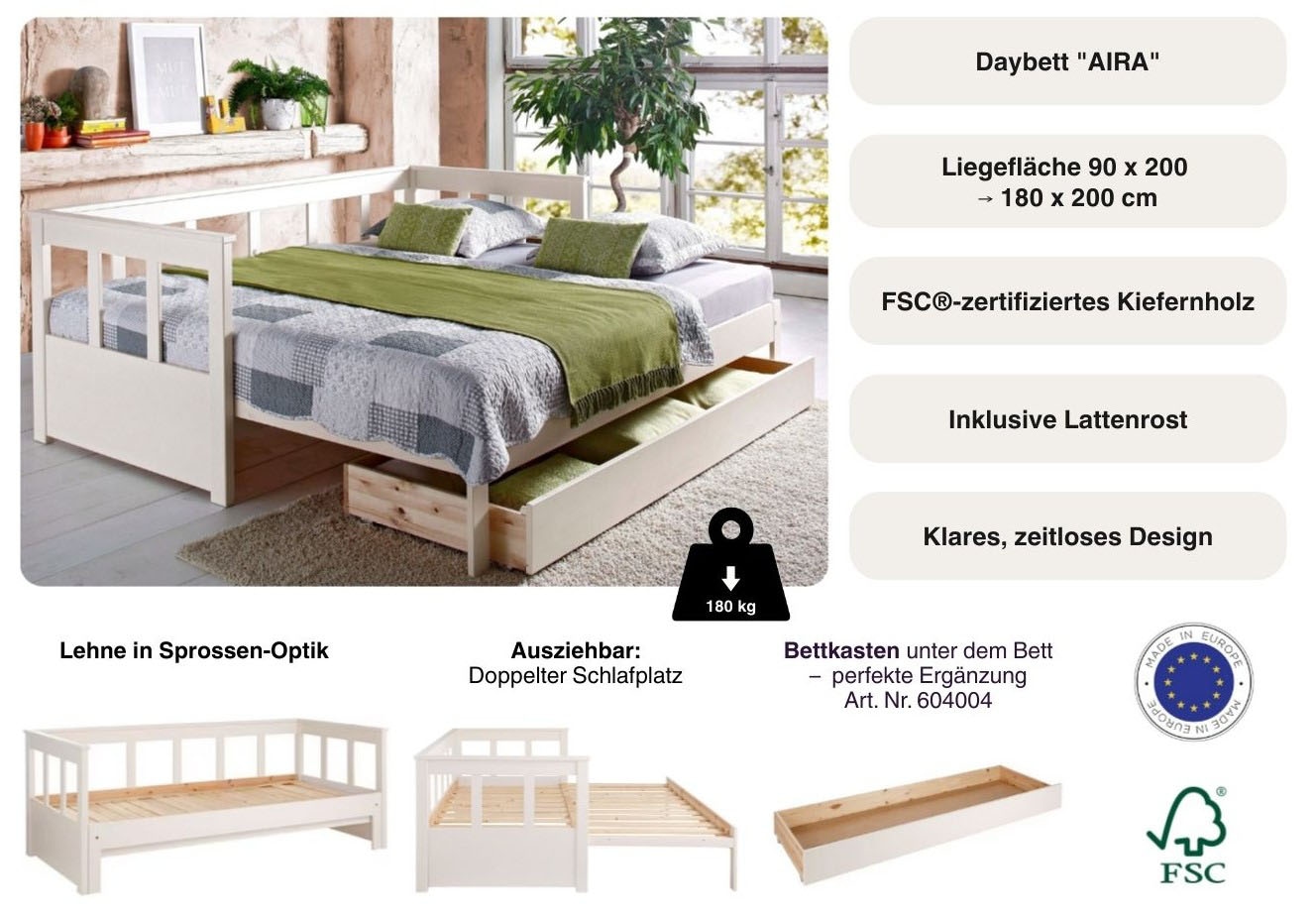 GOODproduct Lit de jour »"AIRA" Kinderbett, Gästebett, Skandi- Design, Schublade optional« FSC® zertifiziertes Massivholz,  mit ausziehbarer Liegefläche, ideal fürs Jugend- oder Gästezimmer