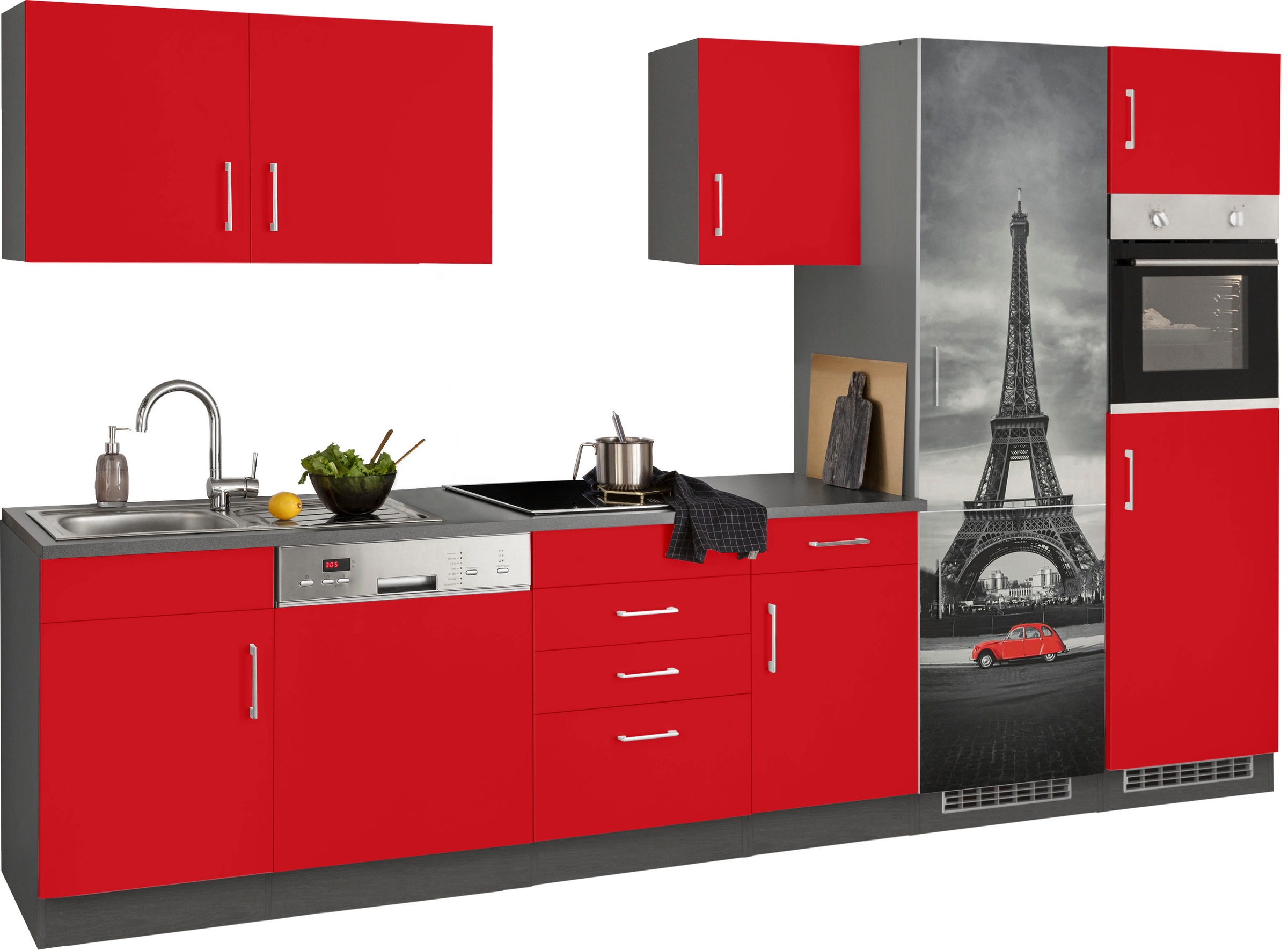 KOCHSTATION Kitchenette »KS-Paris – Küchen mit einzigartigen Fotomotiven auf den Fronten« largeur 340 cm, au choix avec appareils électriques et induction