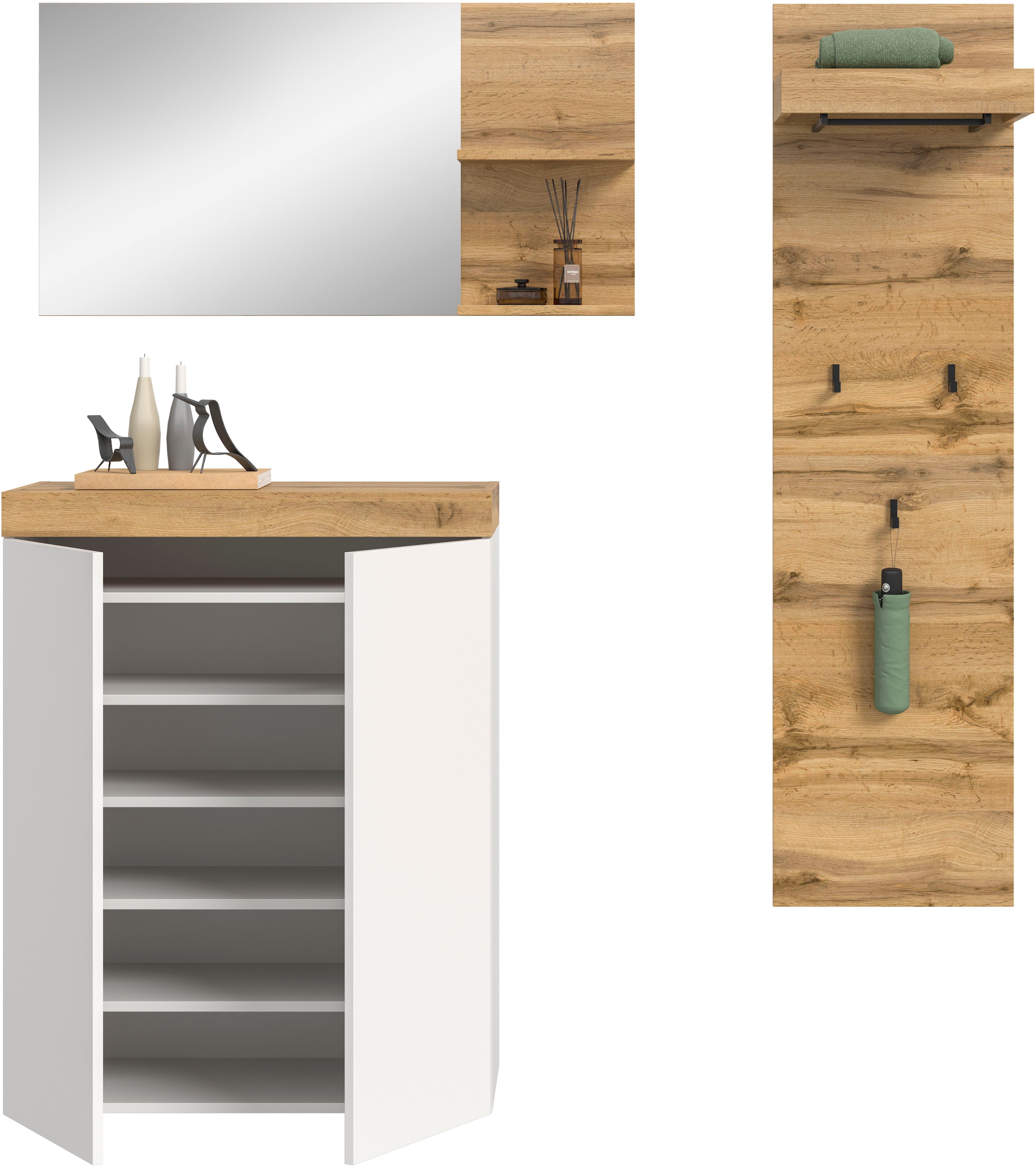 GOODproduct Ensemble de vestiaires »MAMBO, TOPSELLER!, 3-teilige Kombination, stehend & hängend montierbar« bestehend aus: Kommode, Spiegel, Garderobenpaneel, 3 cuis tlg.