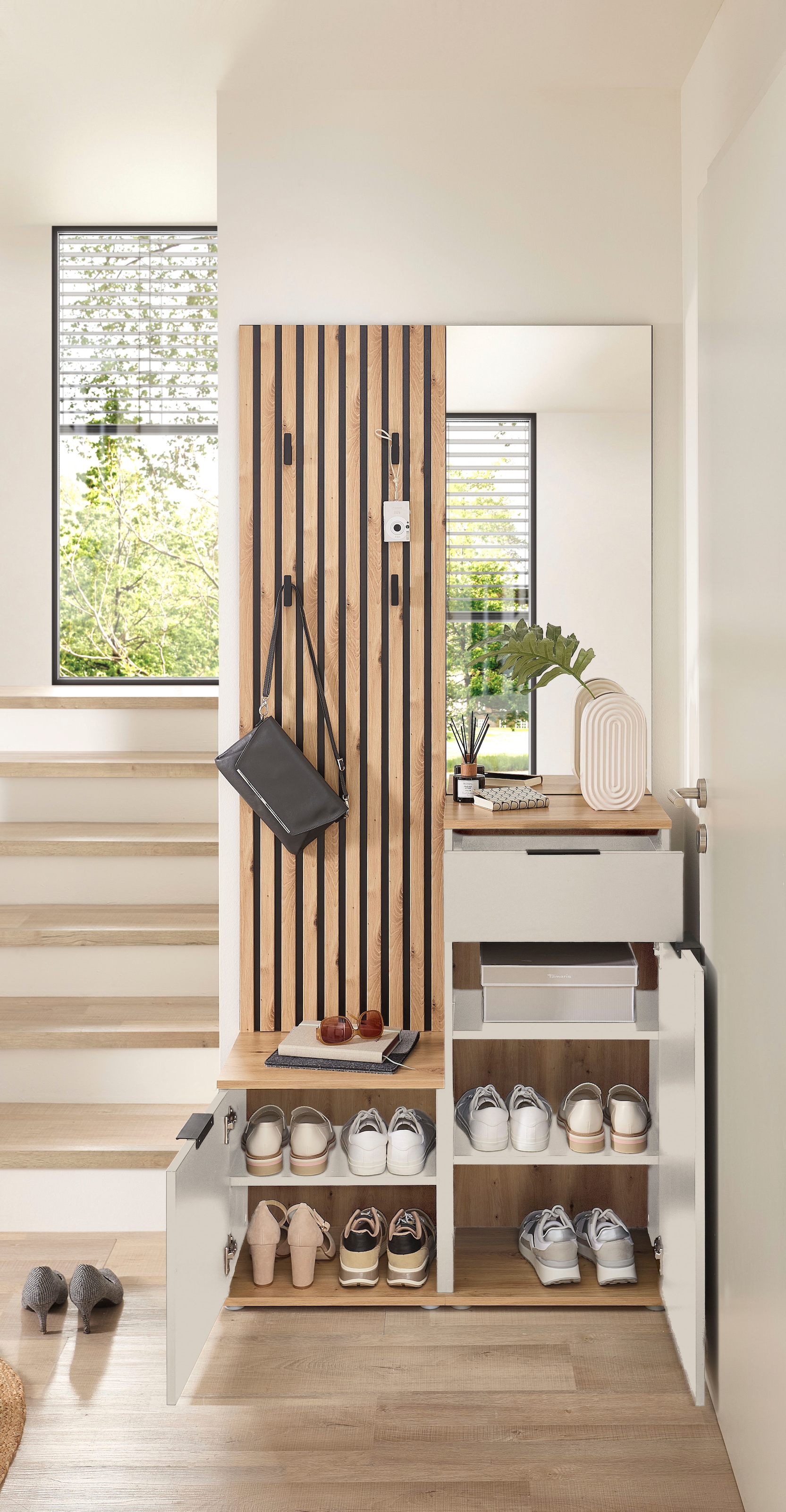 HBZ Vestiaire compact »Simple mit Spiegel, Flurgarderobe BxHxT 88x195x35 cm« 4 cuis tlg. avec banc, panneau, meuble à chaussures avec tiroir et miroir