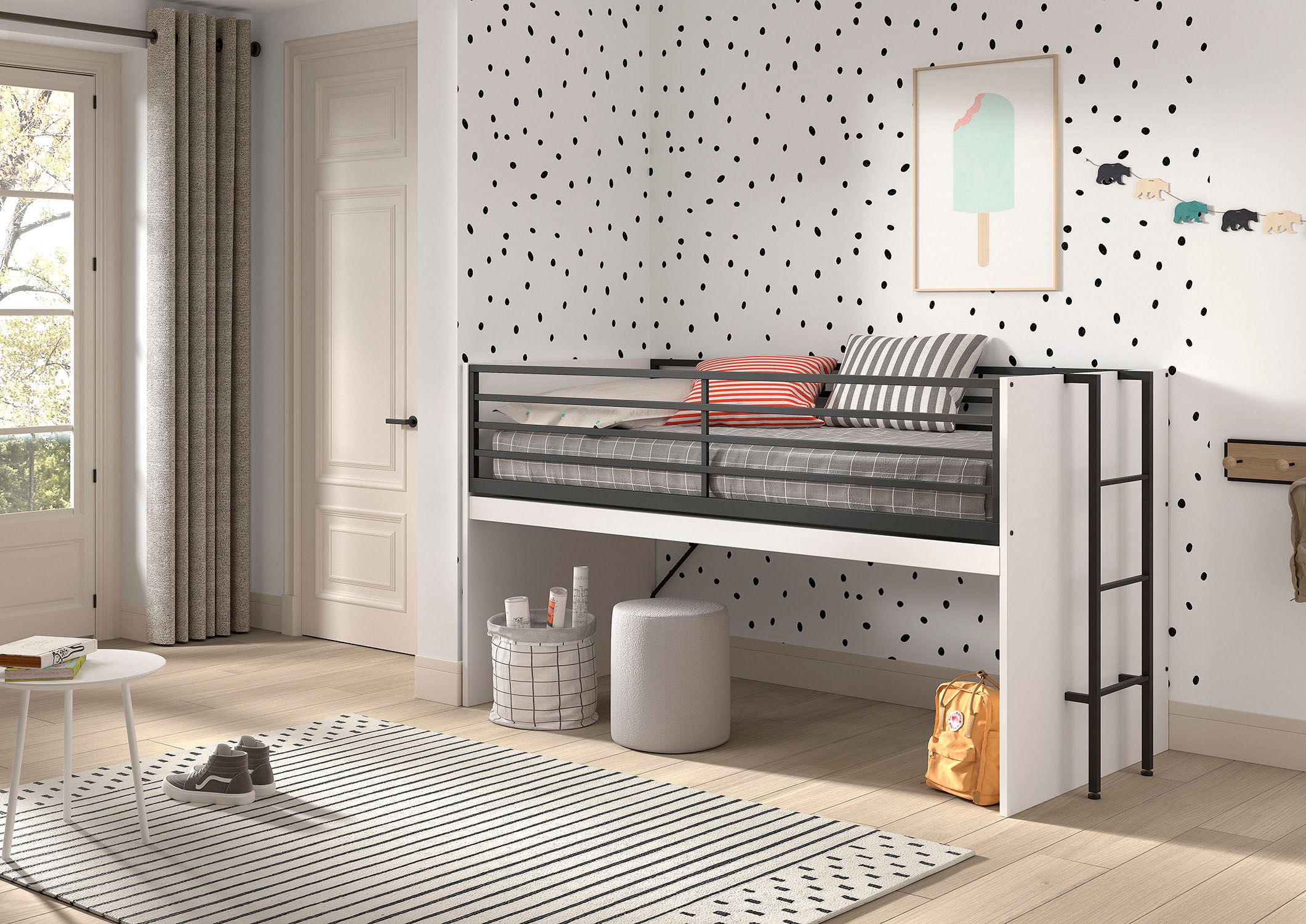 Vipack Hochbett »Sam, schlafen und arbeiten in einem, wahlweise Eiche- oder Weiss-Dekor« Liegefläche 90x200 cm, darunter eine grosse ausziehbare Schreibplatte,  Inkl. Absturzschutz u. Leiter, pflegeleichte Dekor Oberfläche