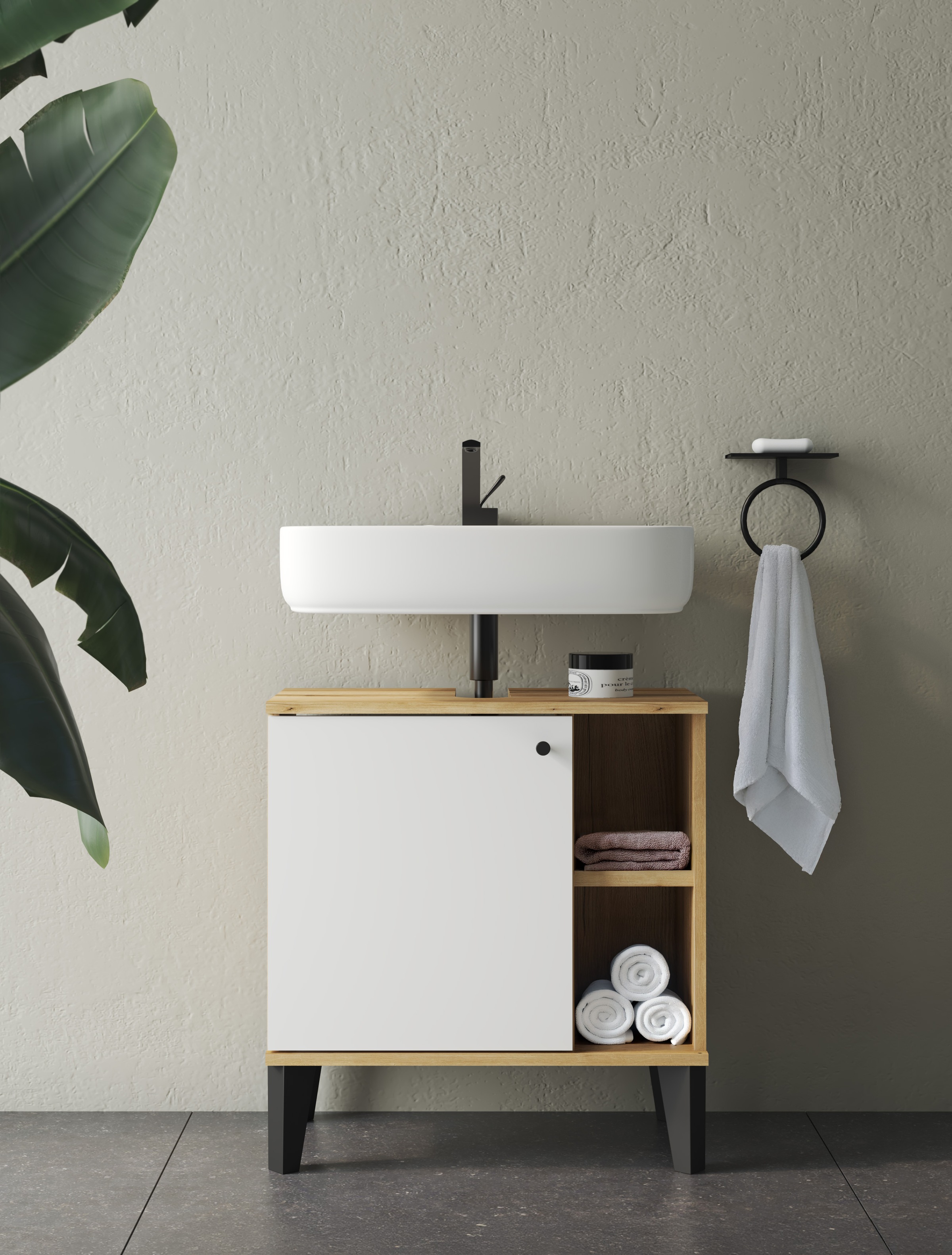 INOSIGN Armoire sous lavabo »Oslo, Waschtisch mit Knopfgriff, Badschrank im skandinavischen Design« in der Türfarbe Weiss oder Grau verfügbar, ausreichend Stauraum