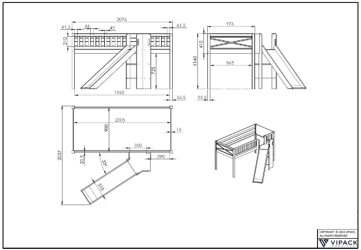 Vipack Lit superposé »Scott« L/H/P env. 207,6x114x203,7 cm, tête/pied de lit fraisés, construction solide,  avec tour d'escalier antidérapant, LF 90x200 cm, rideau inclus, 7 designs
