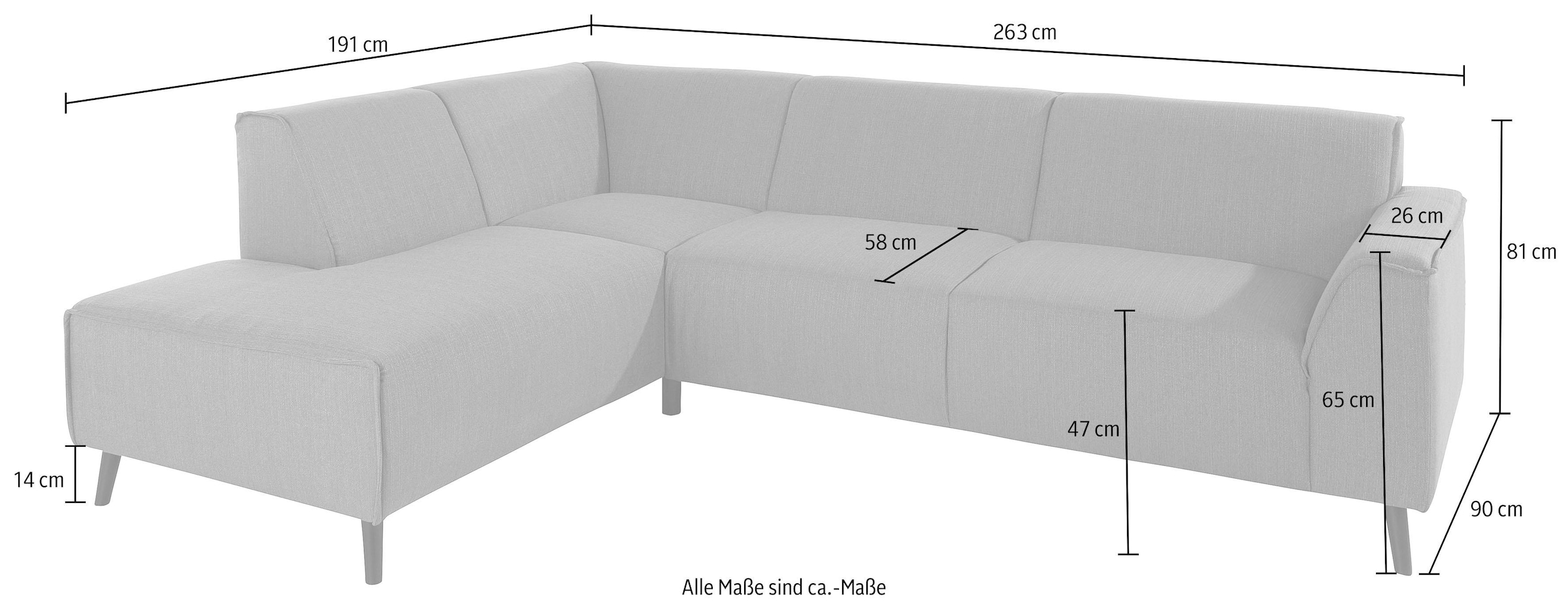 DOMO collection Ecksofa »Amora, inkl. Federkern für mehr Sitzkomfort, Breite 263cm, L-Form« mit Ottomane, elegant und zeitlos, bequem, Komfortsitzhöhe 47cm