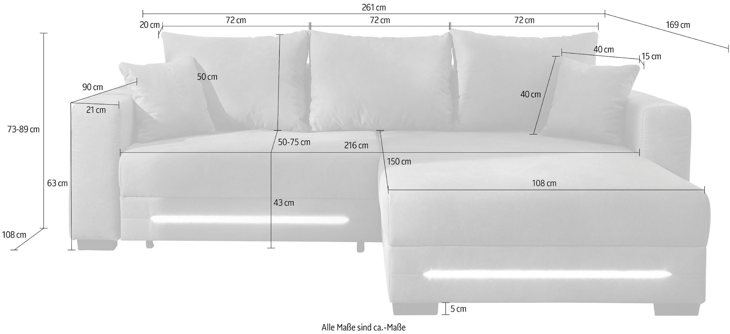 Jockenhöfer Gruppe Ecksofa »Spotlight XL L-Form, B: 261 cm« mit Schlaffunktion, Bettkasten, Licht & 2 Zierkissen