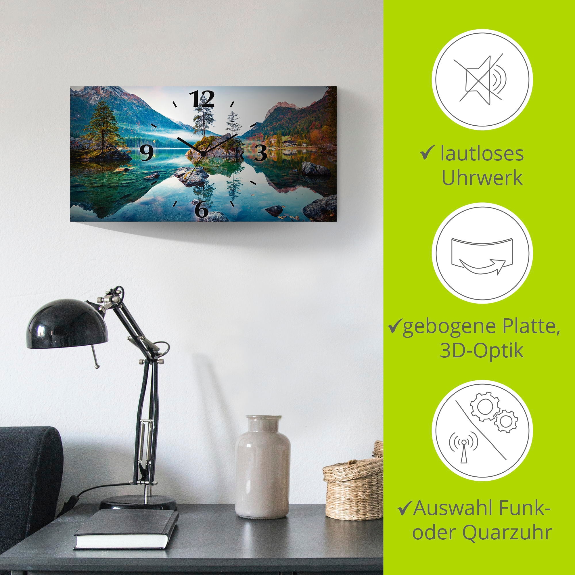 Artland Wanduhr »Herbstszene des Hintersee vor Alpen« wahlweise mit Quarz- oder Funkuhrwerk, lautlos ohne Tickgeräusche