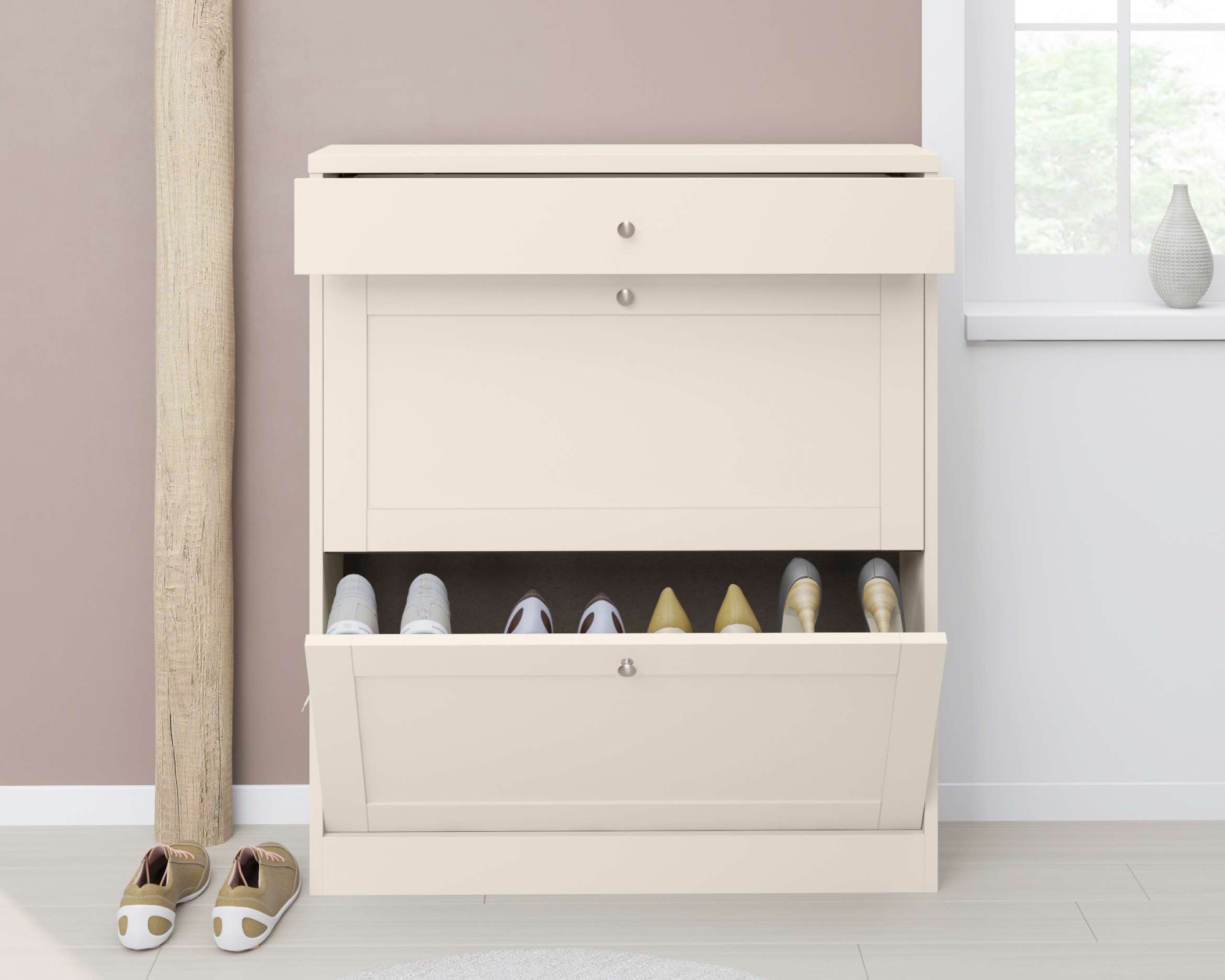 GOODproduct Armoire à chaussures »Heide« Largeur 90cm, avec tiroir, 2 abattants et façade facettée, hauteur 103cm