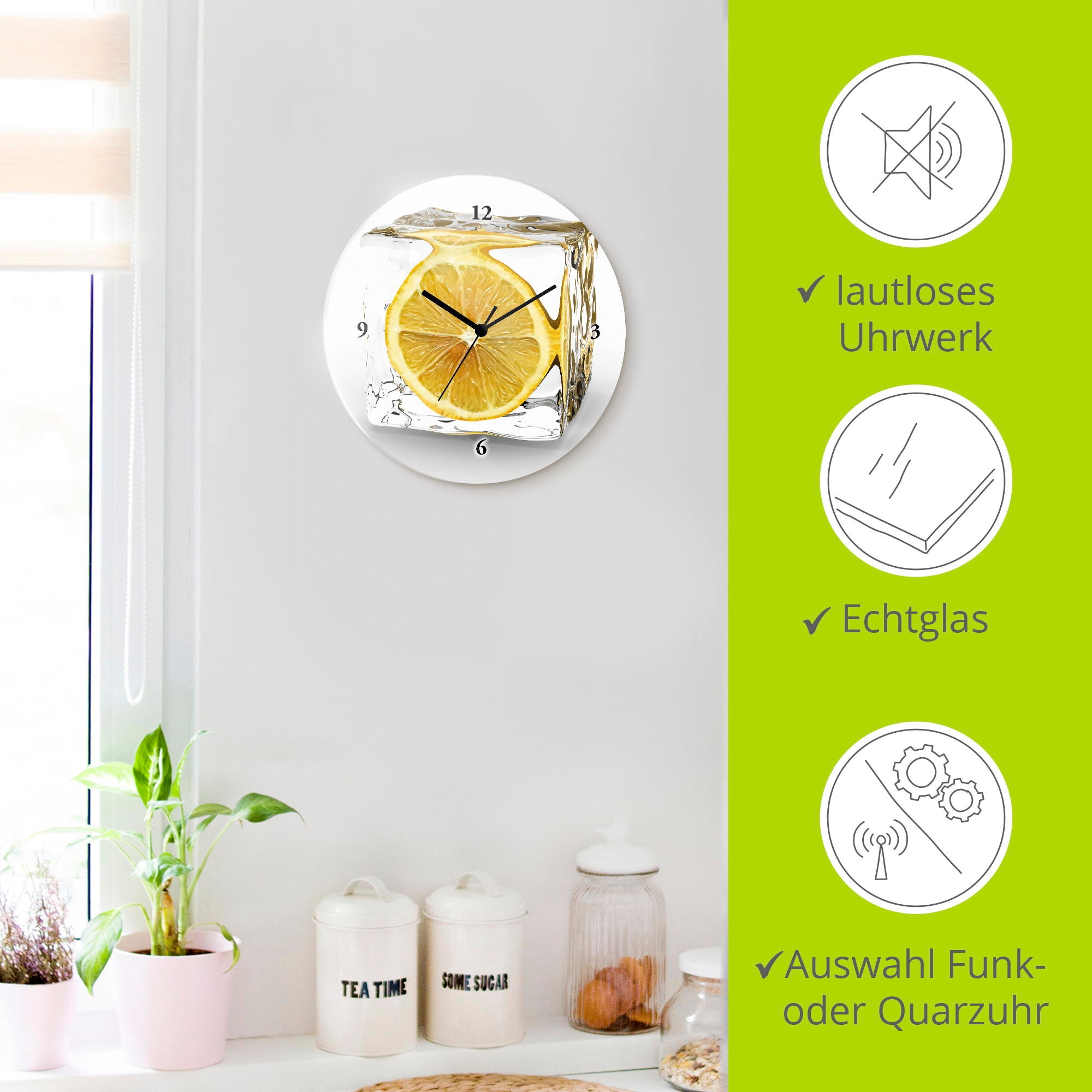 Artland Horloge murale »Zitrone im Eiswürfel« wahlweise mit Quarz- oder Funkuhrwerk, lautlos ohne Tickgeräusche