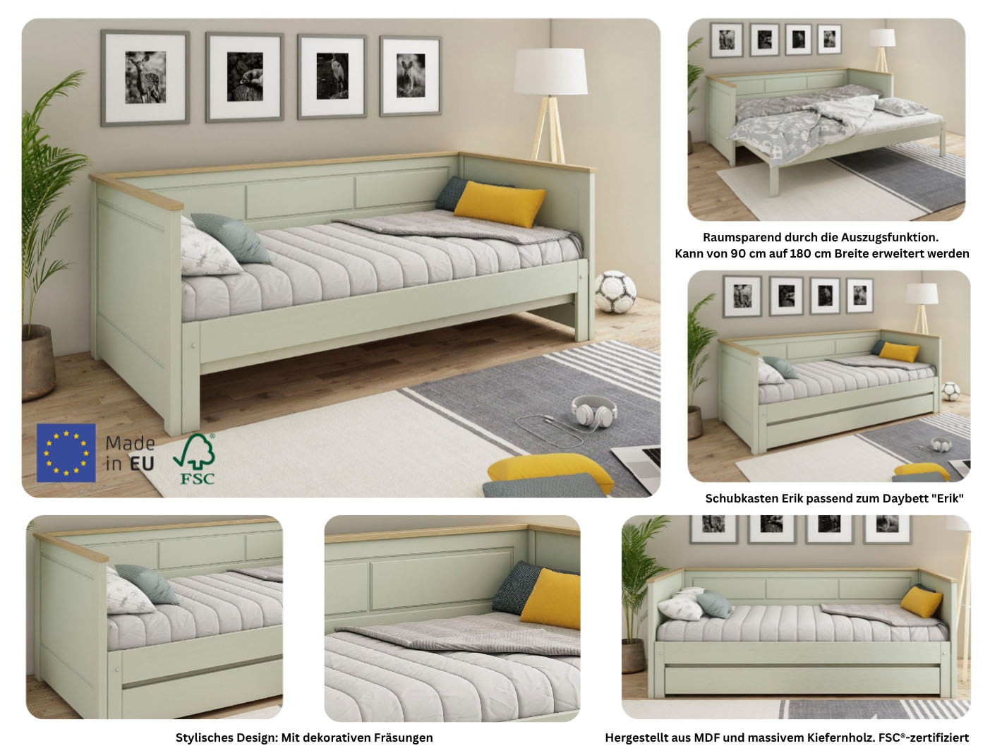 GOODproduct Funktionsbett »" ERIK " TOPSELLER! Daybed, Gästebett, Kinderbett, Massivholz (Kiefer)« stilvolle Kassetten - Fräsung, 90x200cm ausziehbar auf 180x200cm),  2. Schlafplatz ausziehbar, moderner Landhausstil, Schublade optional