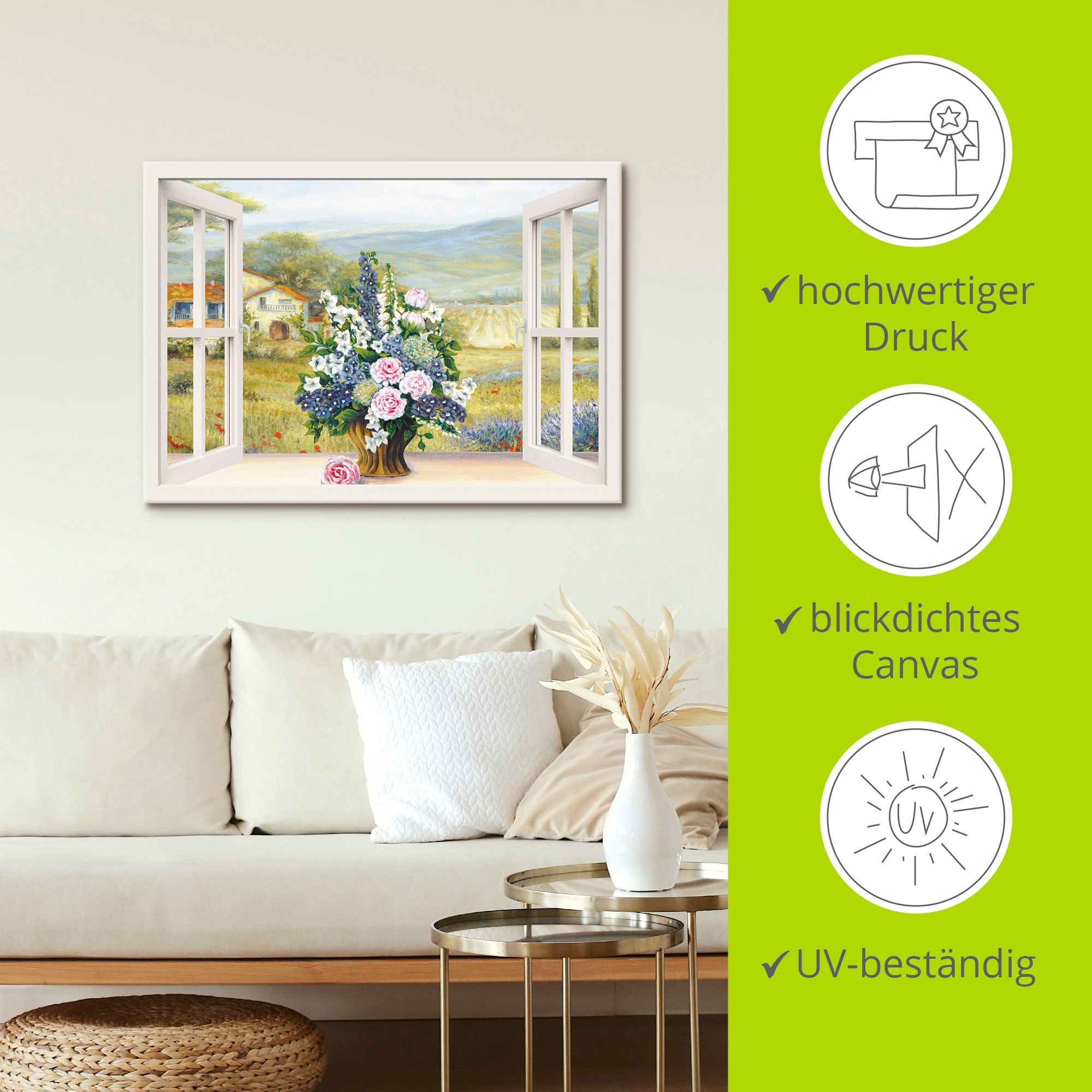 Artland Tableau sur toile »Blumenbouquet am weissen Fenster« 1 cuis tlg. auf Holzrahmen gespannt