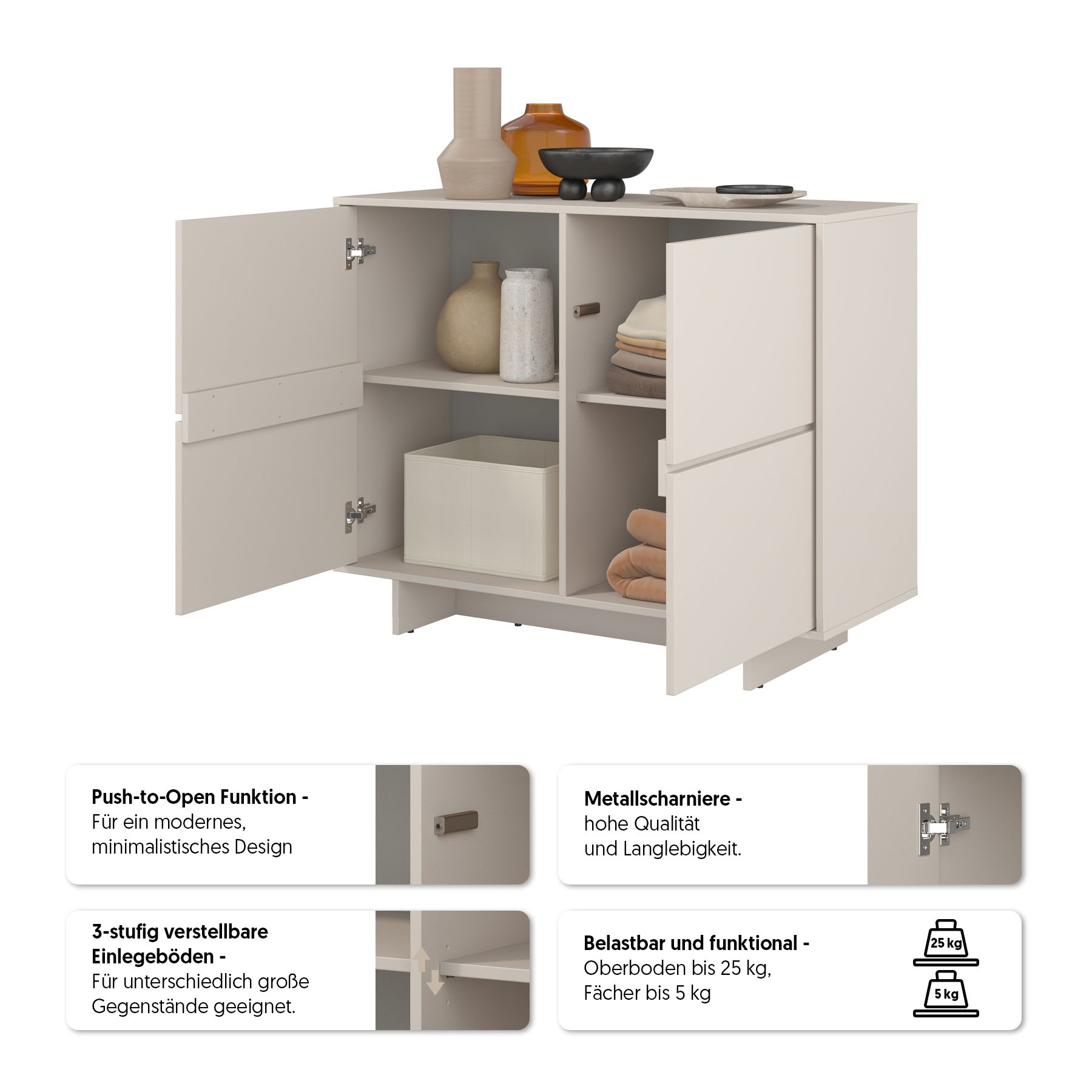 GOODproduct Buffet »Tatami, Stilvolle, moderne grifflose Kommode 2 Türen, Breite 111cm« Anrichte mit viel Stauraum, Böden verstellbar, push-to-open-Funktion