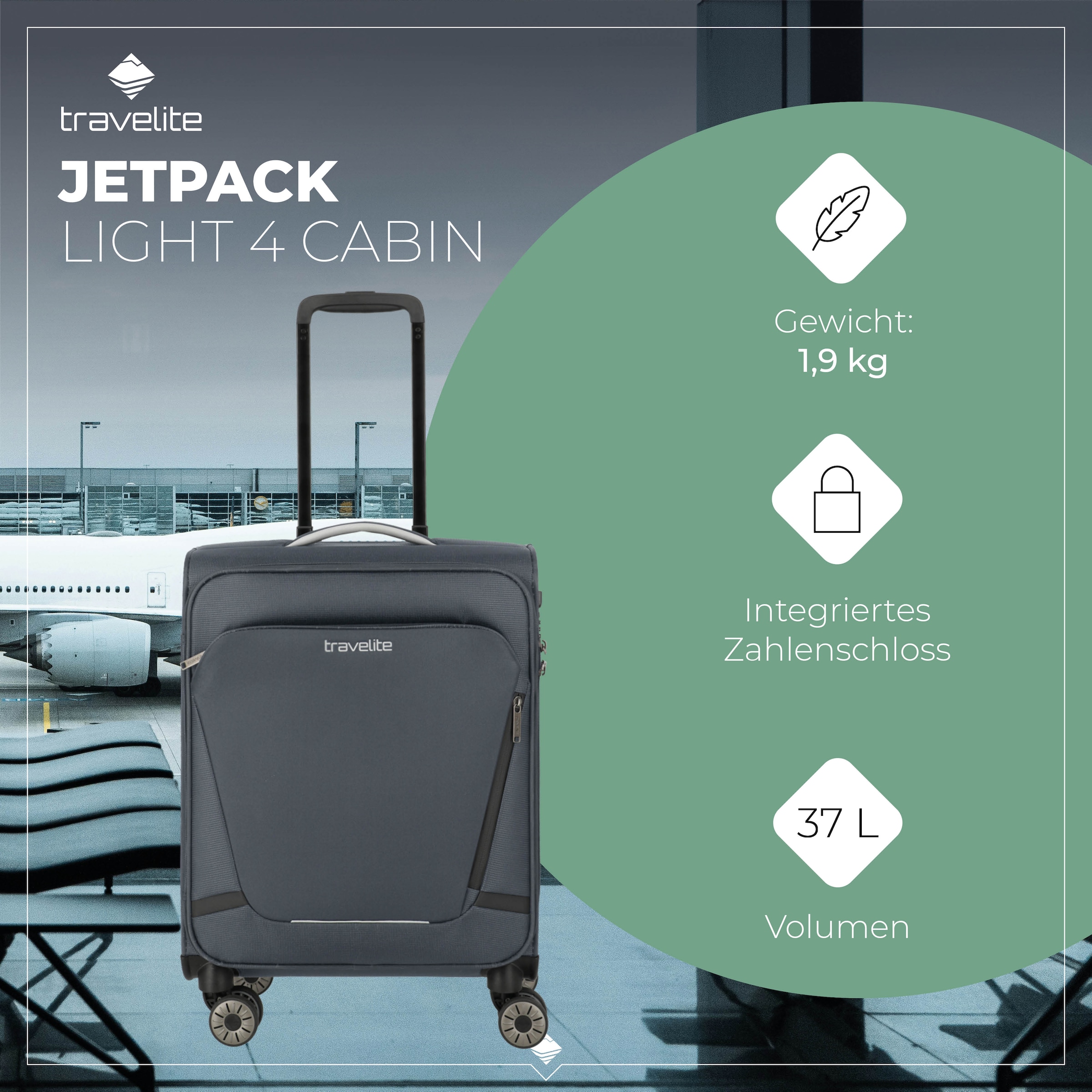 travelite Trolley pour bagages à main »JETPACK Multi Light 4 Cabin, konzipiert für Condor & Ryanair« 37 litre 4 Rollen Valise souple cabine pour la plupart des compagnies aériennes courantes