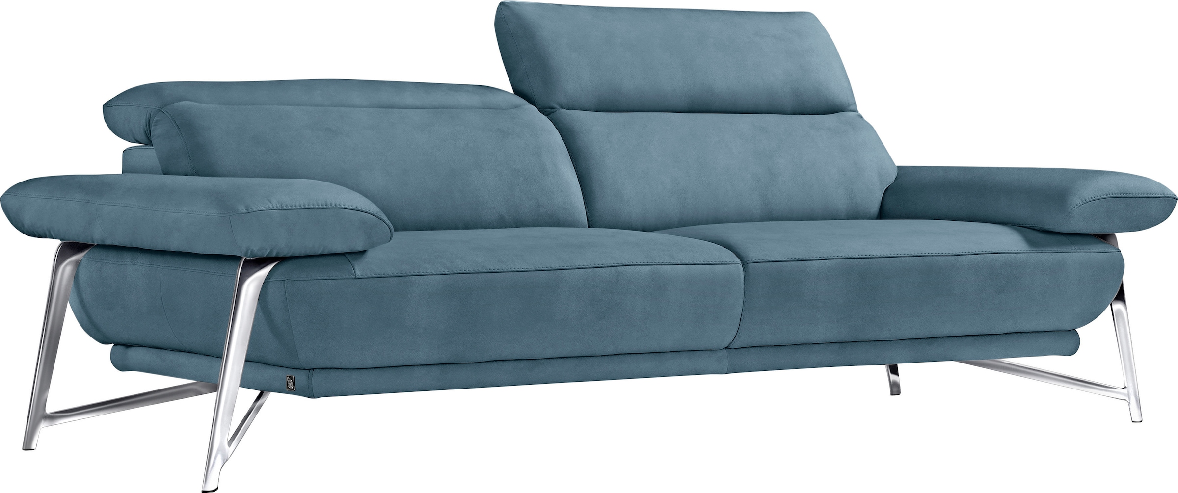 Egoitaliano 2,5-places »Anais, Designsofa mit erstklassigem Sitzkomfort, Fussfarbe chrom« Kopfteil verstellbar, 232 cm, Luxus-Microfaser Lederoptik, hellblau