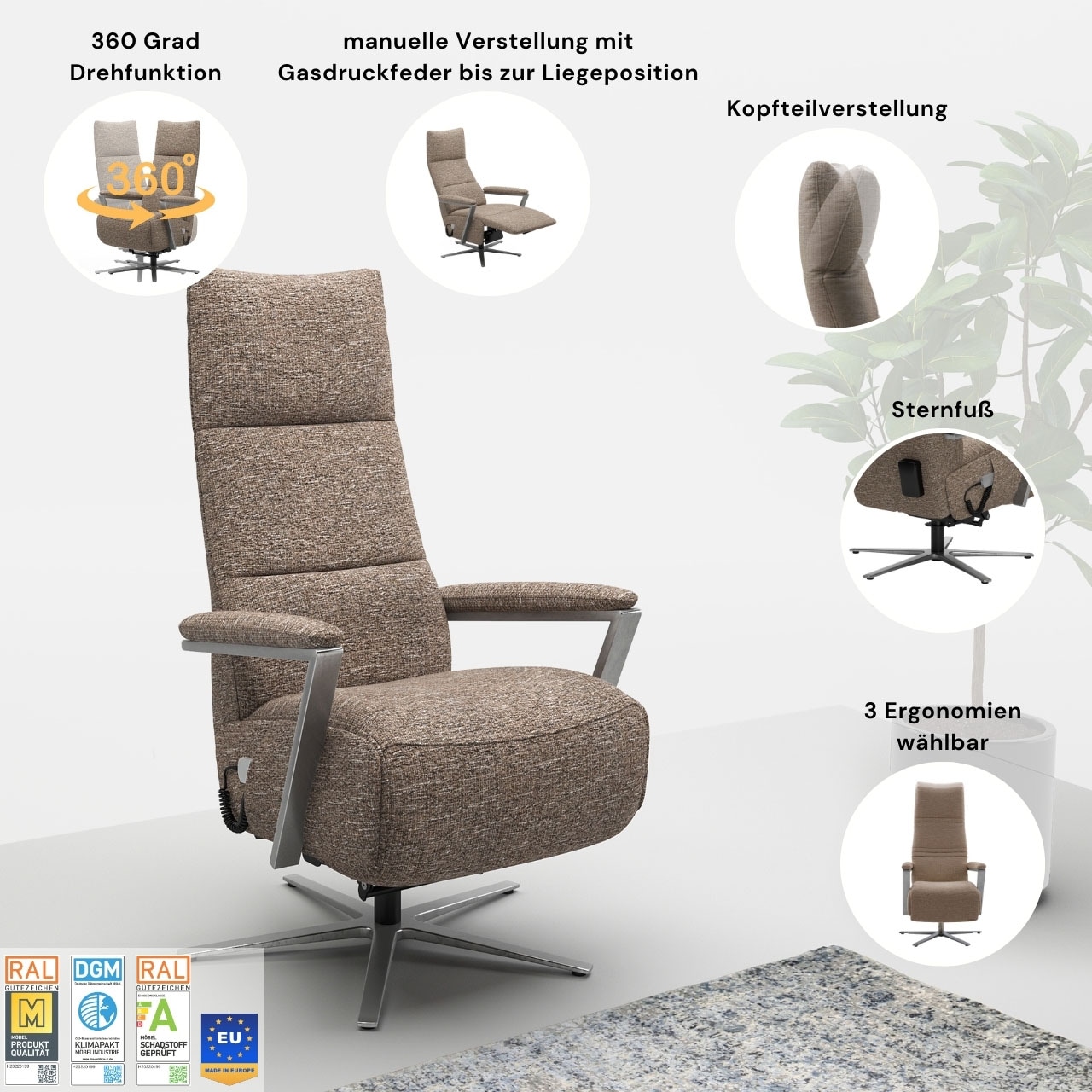 sit&more TV-Sessel »Vario Comfort, inkl. Kopfteilverstellung & 360° Drehfunktion« mit Gasdruck, Höhe der Armlehnen 62cm