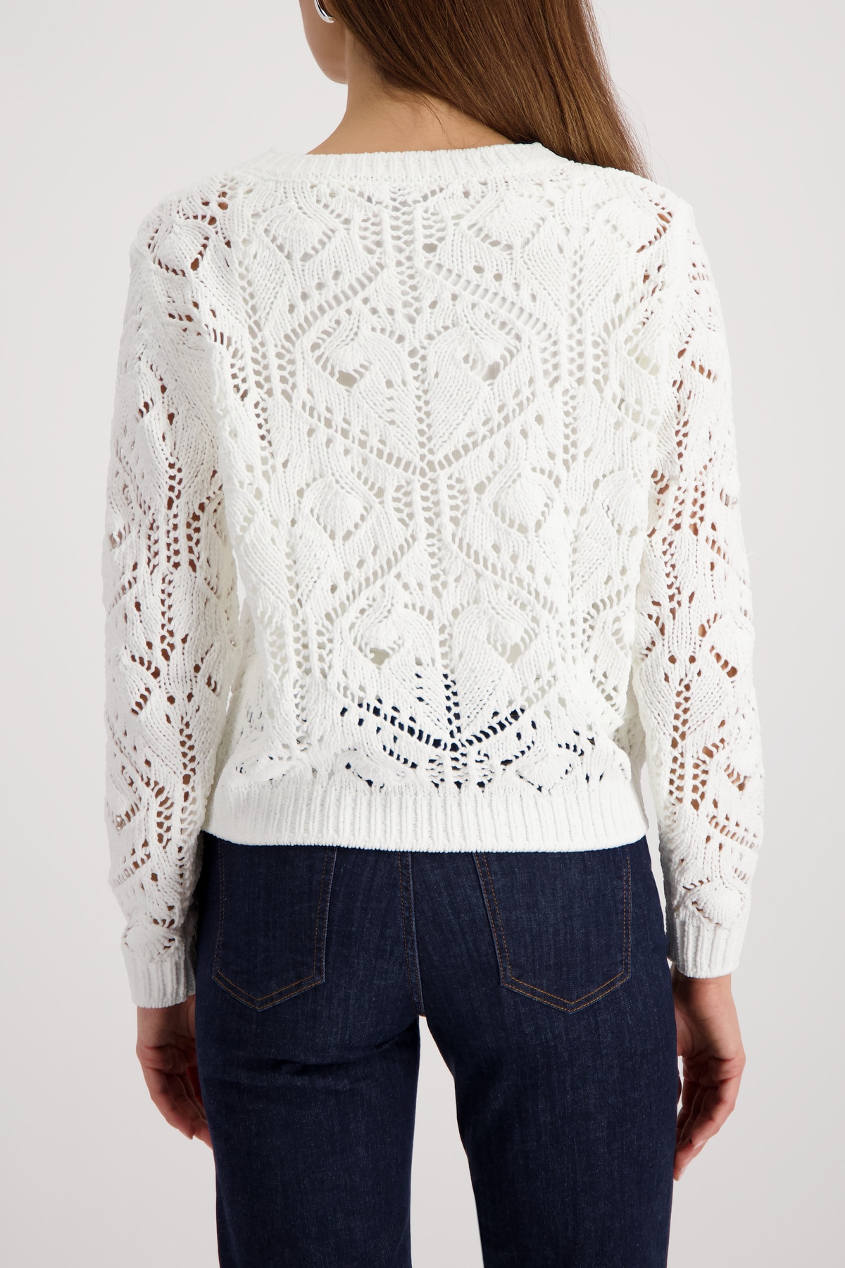 Monari Pull en tricot »Ajour« Rundhalsausschnitt, Chenillegarn, Leicht überschnittene Schultern