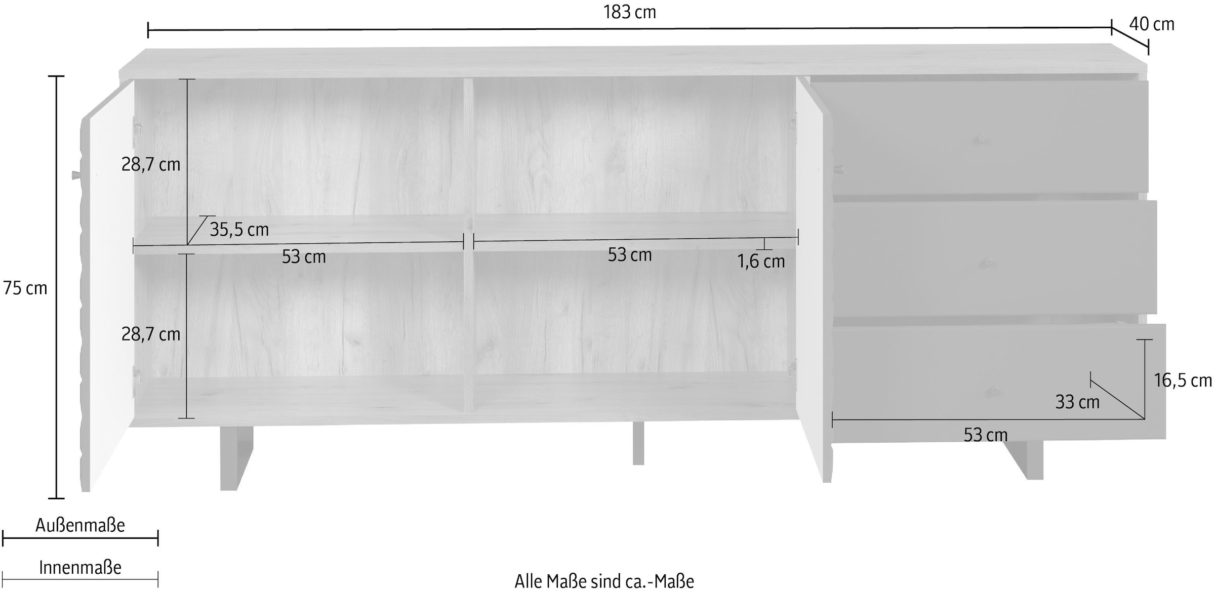 Home affaire Buffet »Ferretti« Wohnzimmerkommode mit besonderer Fräsung und Füsse/Griffe aus Metall