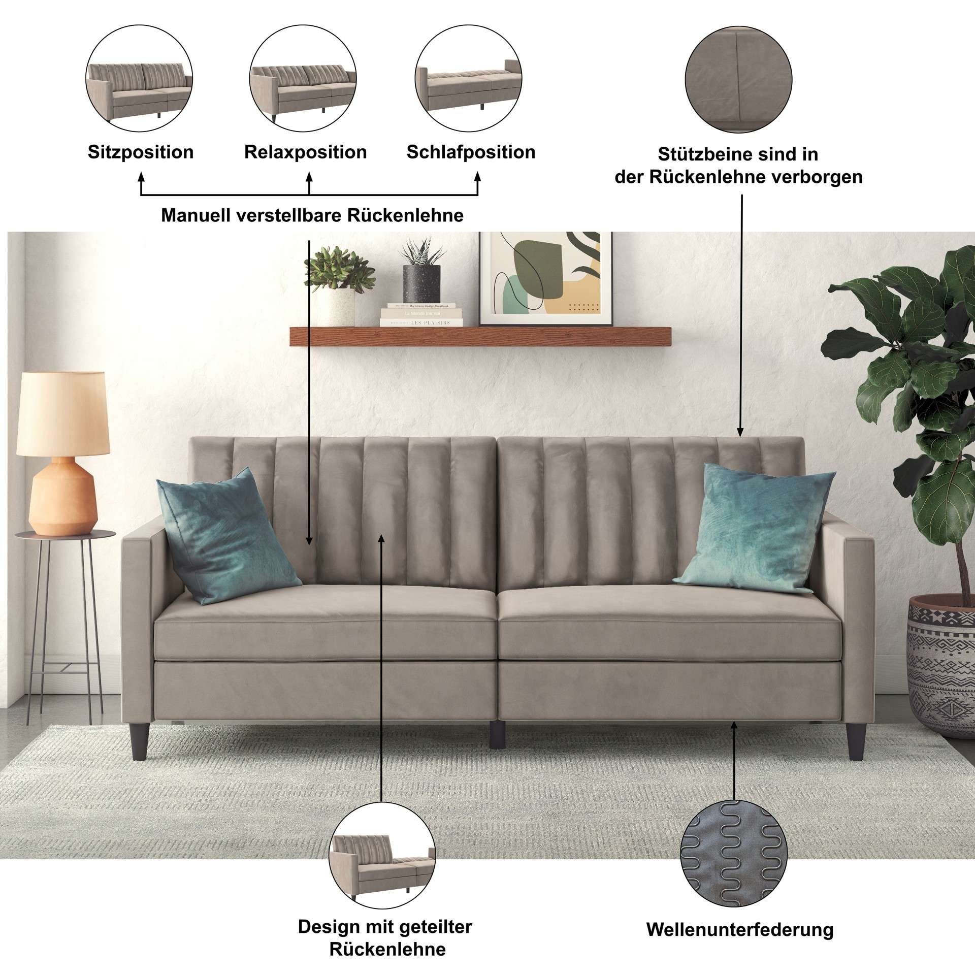 Dorel Home 3-Sitzer »Celine« Rückenlehne 2-teilig und 3-fach verstellbar, Sitzhöhe 43 cm