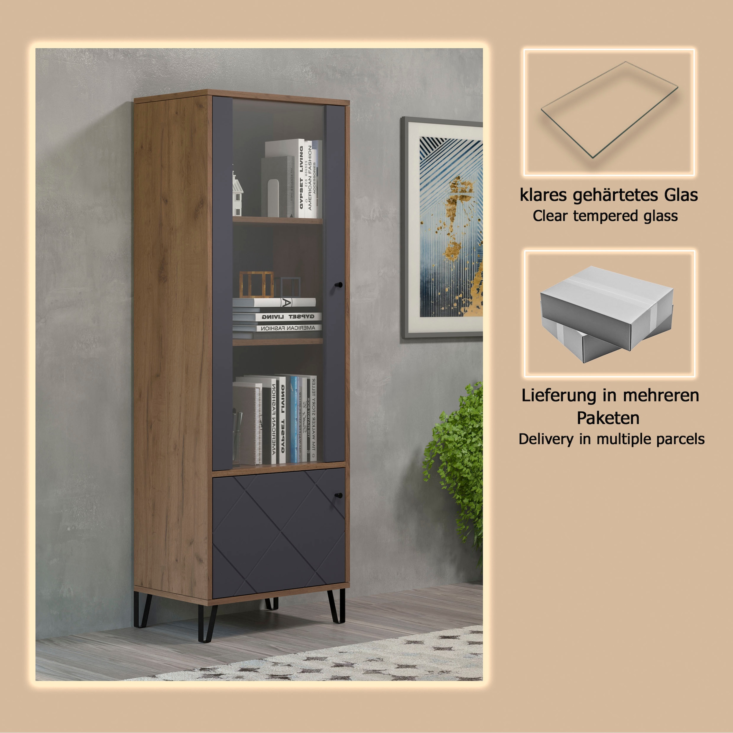 PLACES OF STYLE Vitrines »Molveno« 1 cuis tlg. Standvitrine mit 2 Türen - (B/T/H) 63/40/172 cm