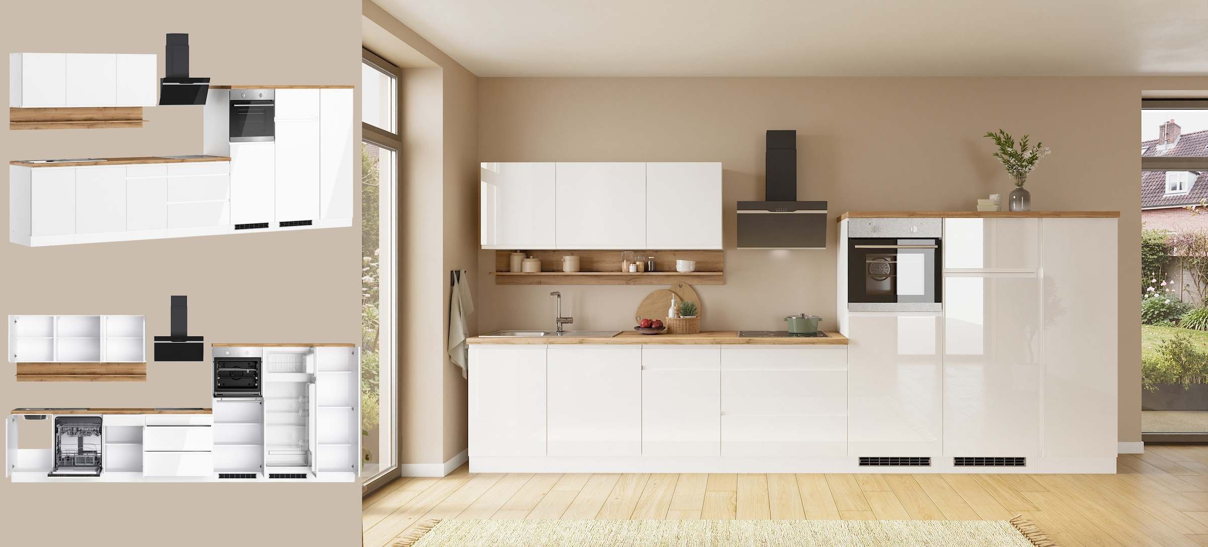 KOCHSTATION Küchenzeile »KS-Virginia,neu in verbesserter Ausführung« Arbeitsplatte 38 mm stark, Stauraum, Softclose,  Breite 410 cm, Softclose, wahlweise mit E-Geräten und Induktion