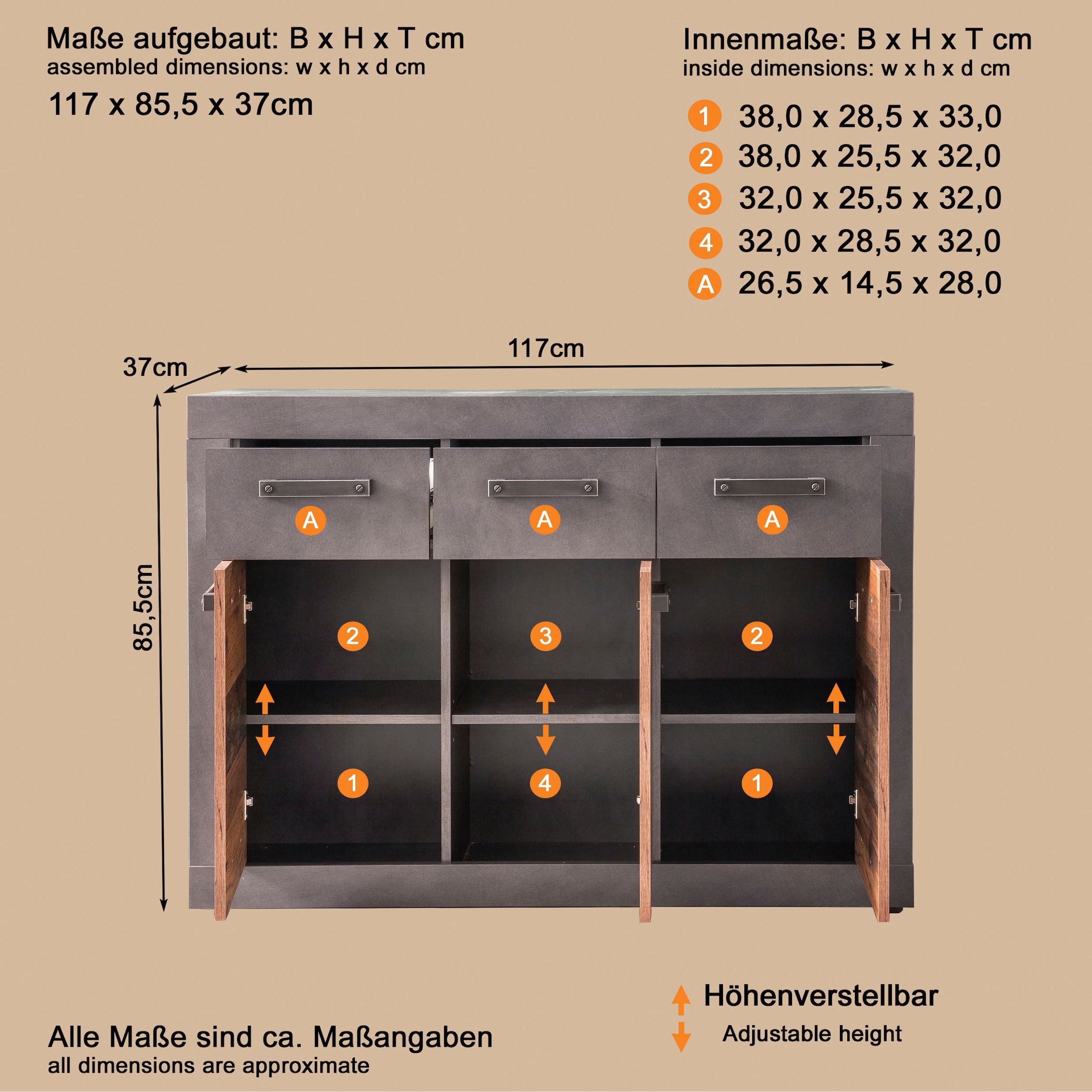 INOSIGN Commode »Ilana« Kommode mit 3 Türen & 3 Schubladen - (B/T/H) 117/37/86 cm