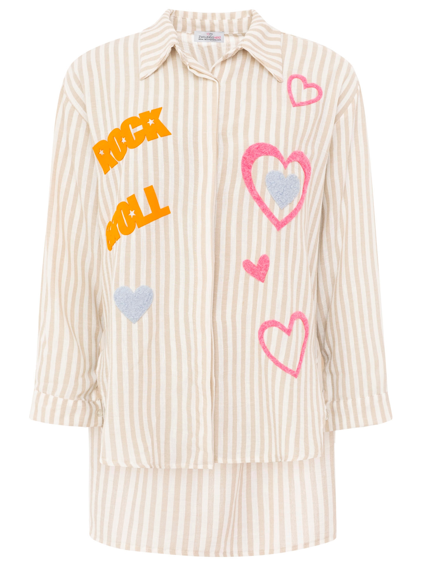 Zwillingsherz Blouse chemise »"Rock n' Roll Patches"« rayé, coupe longue, patchs teddy remarquables, patte de boutonnage