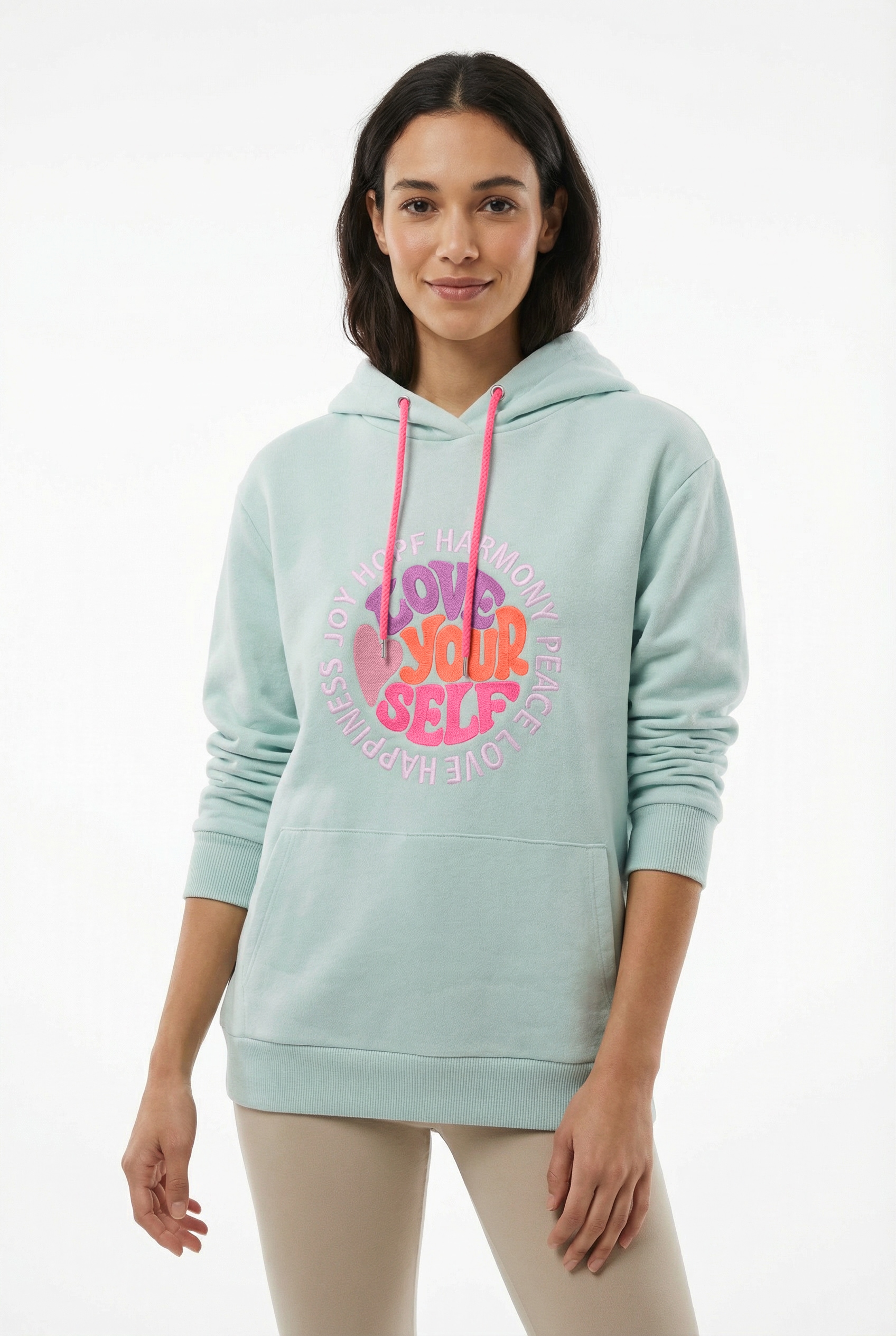Zwillingsherz Hoodie »"Love Yourslef"«, runde grosse Frontstickerei, farbige Kordel, Kängurutasche
