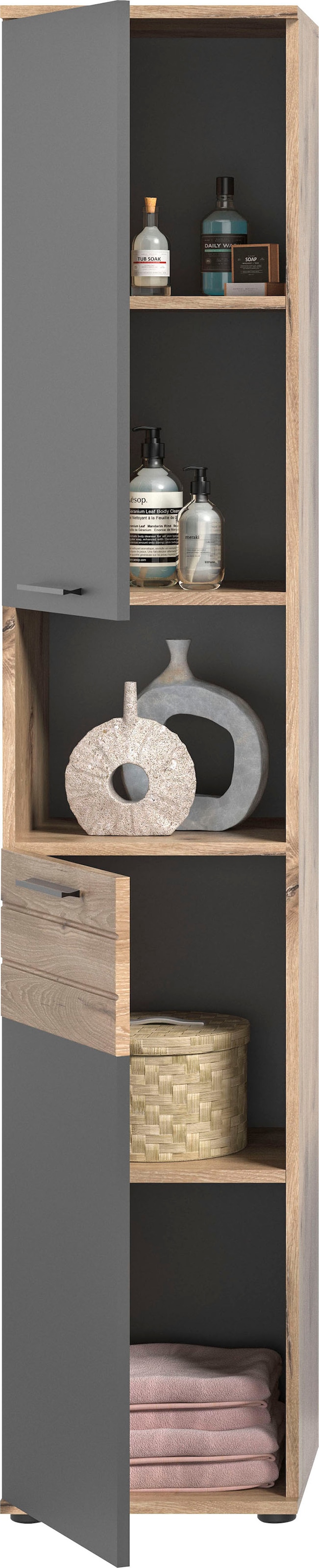 welltime Hochschrank »Riga, Breite 37 cm, 2 Türen (Türanschlag wechselbar), 1 offenes Fach« Standschrank, Badmöbel, Badschrank, Schrank, Bad, Badezimmer