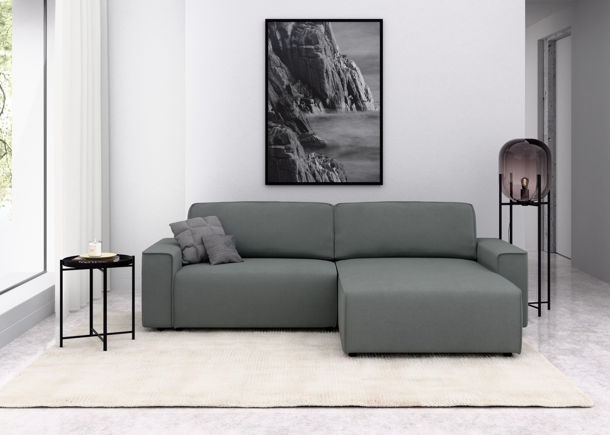 Home affaire Canapé d'angle »Chance, Recamiere beidseitig montierbar, Schlaffunktion, Breite 265 cm« en structure fine LINO, avec fonction couchage et coffre de lit