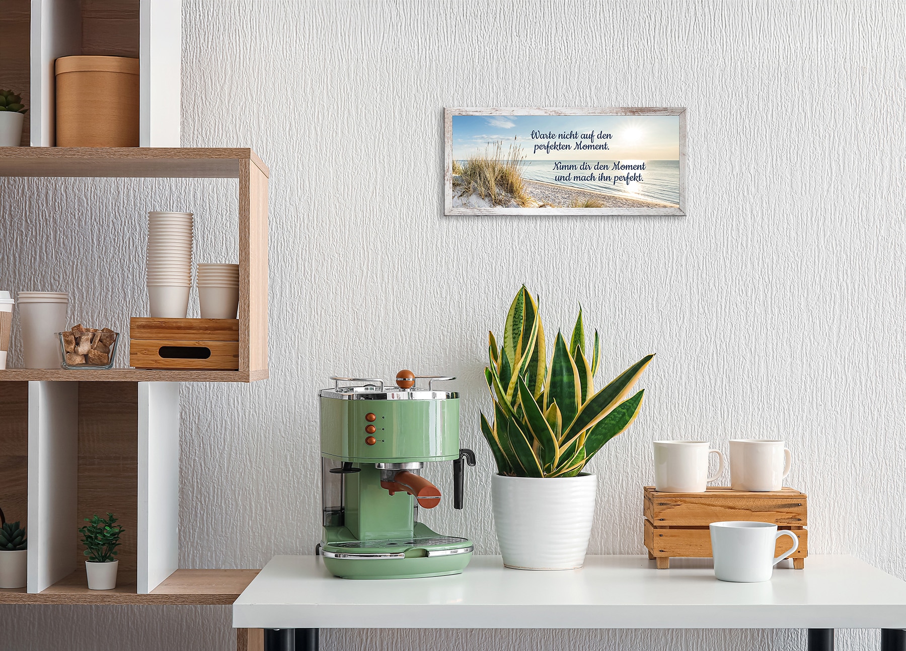 Bönninghoff Bild mit Rahmen »Wandbild gerahmt STRAND MIT SPRUCH MOMENT 23x49 cm – Natur Wanddeko« Bilder vom Sonnenuntergang & -aufgang | Sprüche | Sprüche & Texte | Strand 1 Stk. tlg. mit dekorativem Rahmen