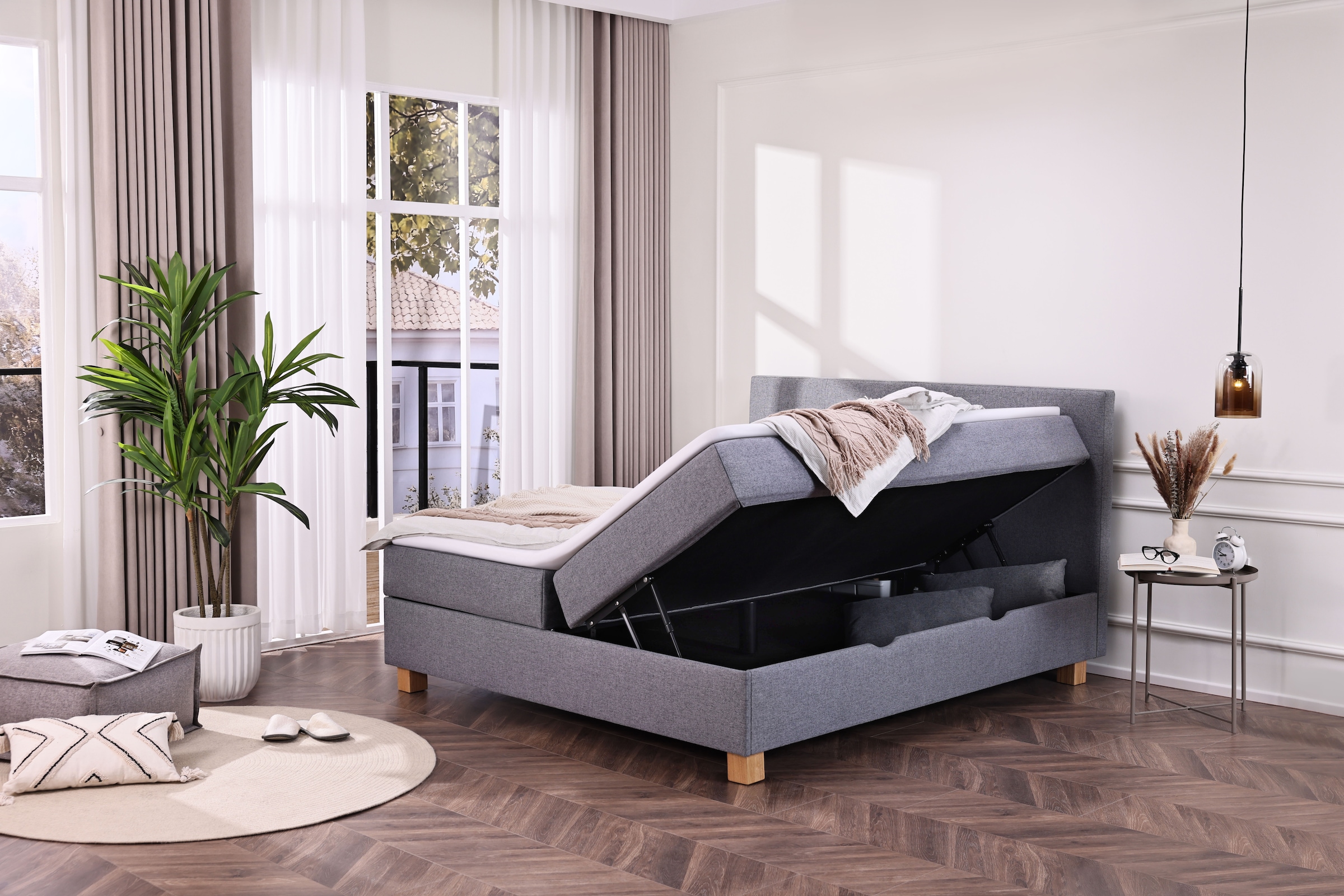 Home affaire Lit de boxe »Oyré inkl. Bettkasten, Topper und 2 gratis Kissen, 180x200 cm« mit Holzfüsse in eichefarben