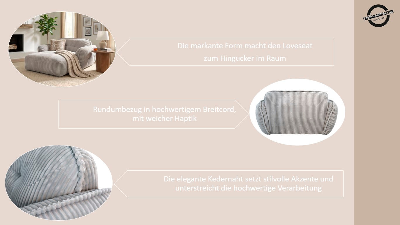 TRENDMANUFAKTUR Chaise longue »Be Fluffy, mit Rundumbezug, Loveseat mit moderner breiter Kedernaht« avec confort d'assise doux, en velours côtelé large de haute qualité au toucher doux