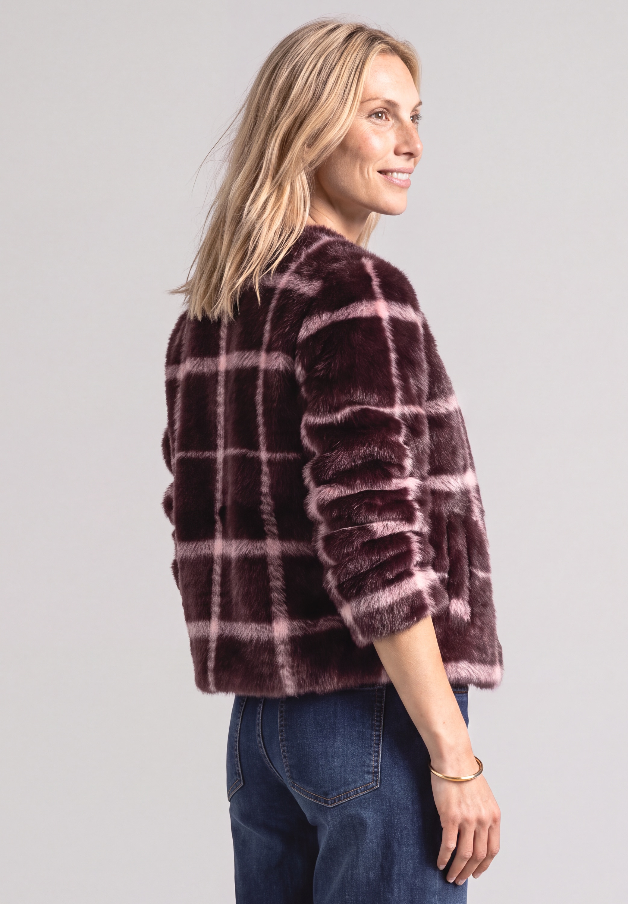 STREET ONE Veste courte avec motif à carreaux, fausse fourrure