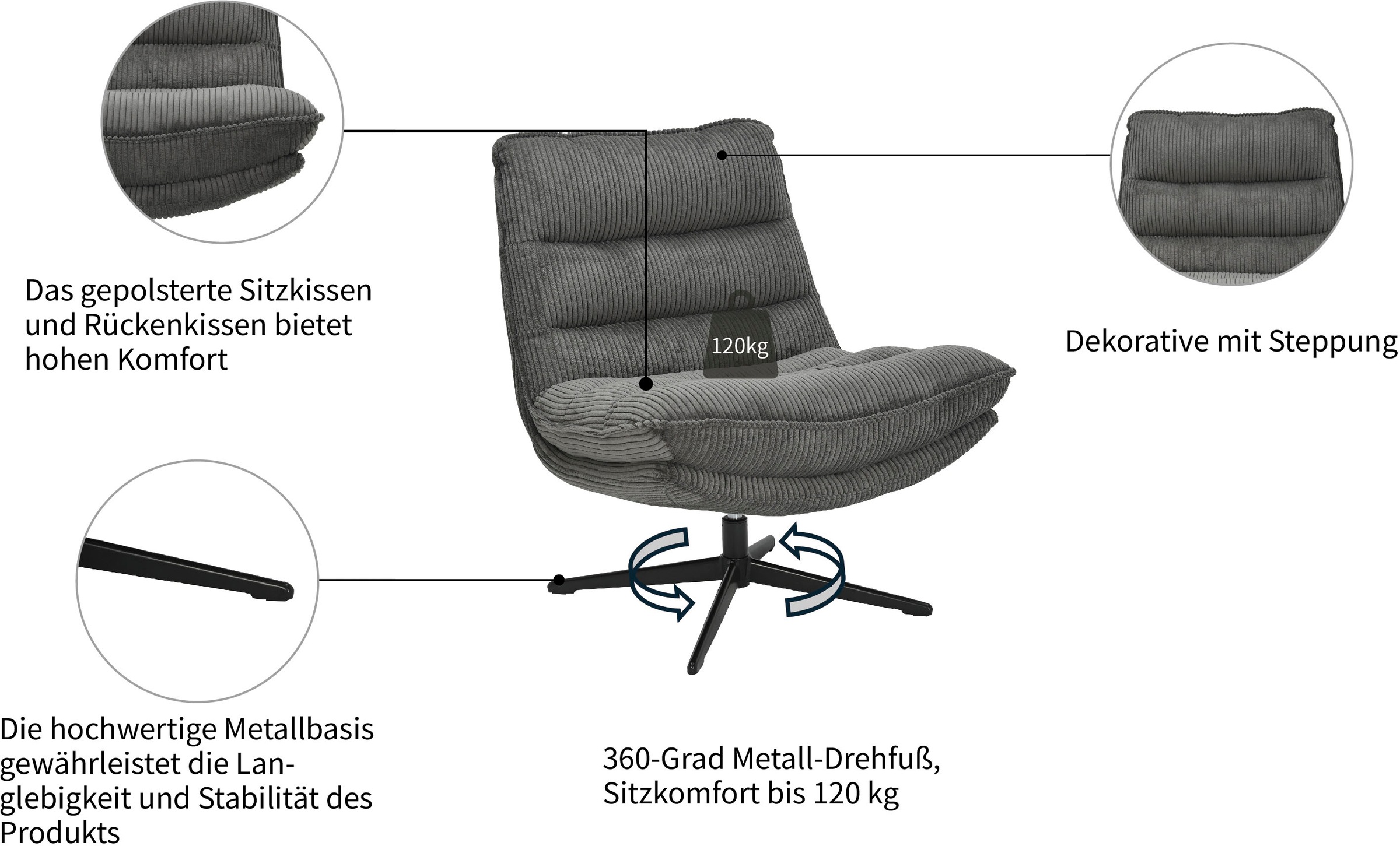 GOODproduct Fauteuil »AVAA, Loungesessel im softem Cord-Bezug,« 360° Grad drehbar, Relax- und TV-Sessel