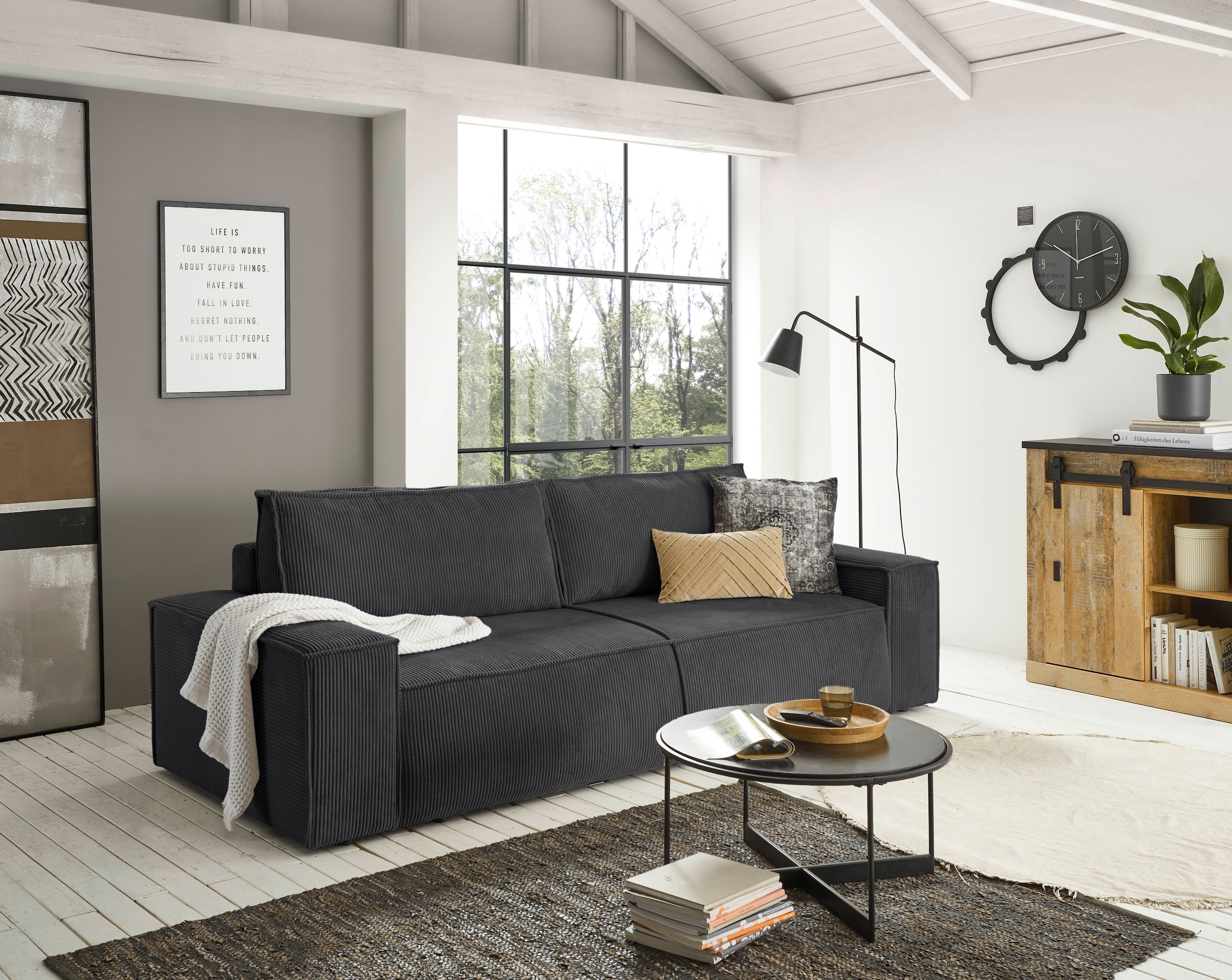 Home affaire 3-places »SHERWOOD Schlafsofa (257cm) Cord, Samtvelours, Vintage-Lederoptik« Schlaffunktion mit Bettkasten (ca. 136/200cm)