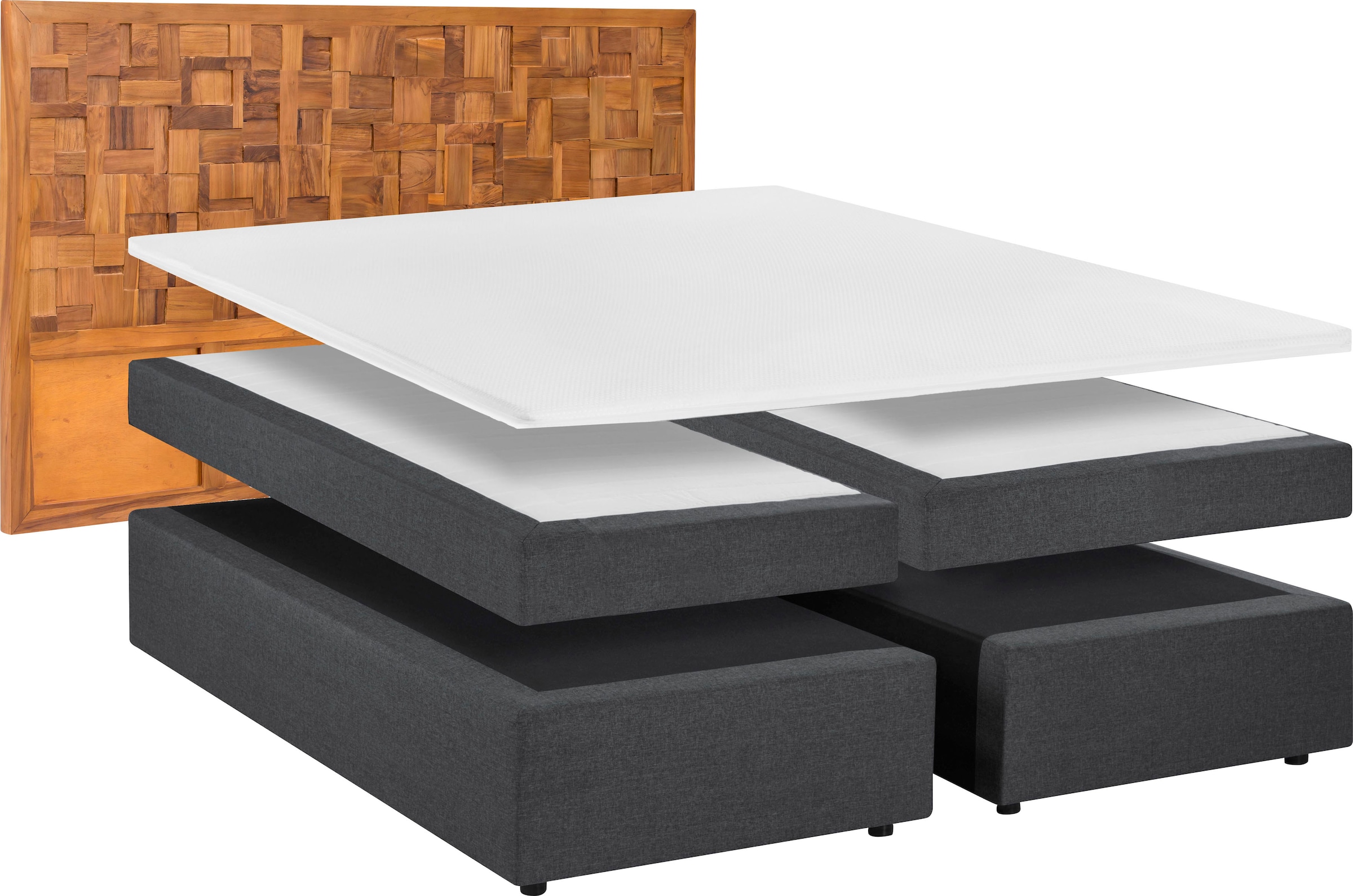 SIT Boxspringbett »Zwolle mit Holz-Mosaik-Kopfteil & 7-Zonen Matratze« Einzigartiges Teakholz-Mosaik Kopfteil & komfortabler Topper