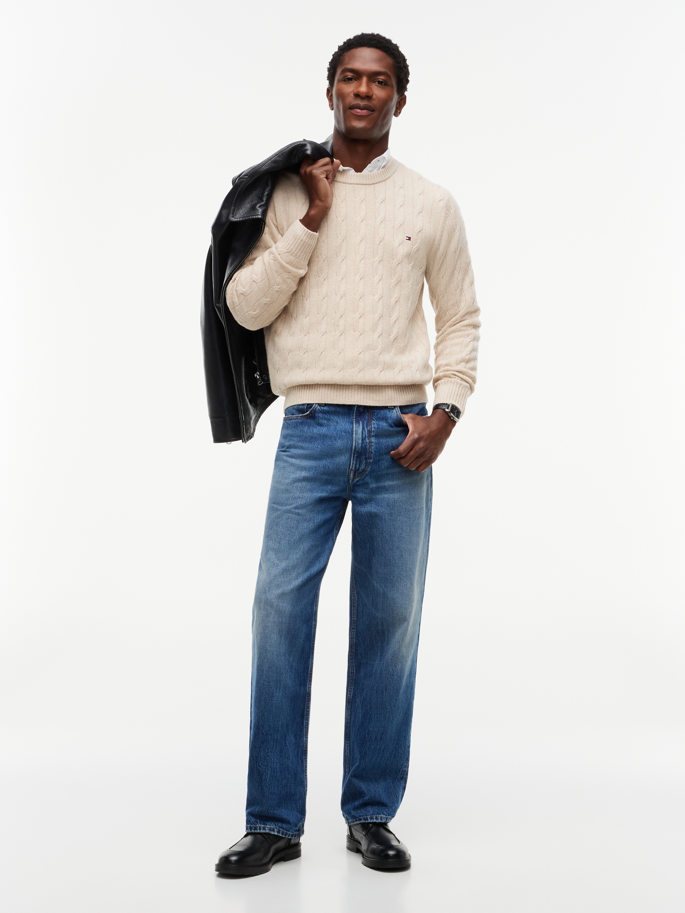 Tommy Hilfiger Pull à col rond »LAMBSWOOL CABLE CREW« en pure laine d'agneau avec motif torsadé