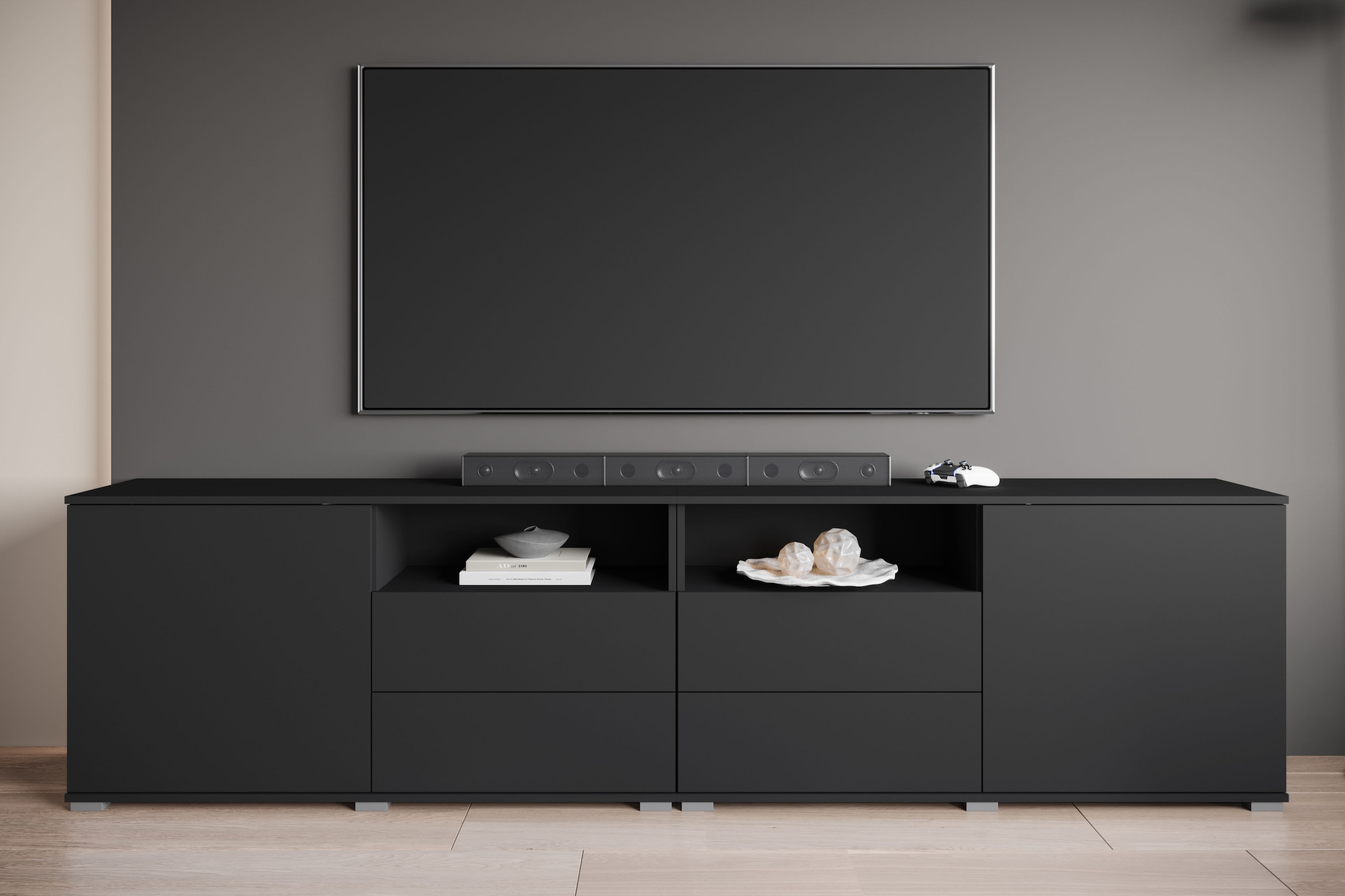 GOODproduct Lowboard »Kenia, TV-Schrank, 240 cm breit, mit 2 Türen und 4 Schubladen« 1 Stk. tlg. Höhenverstellbare Einlegeböden und offene Ablagefächer