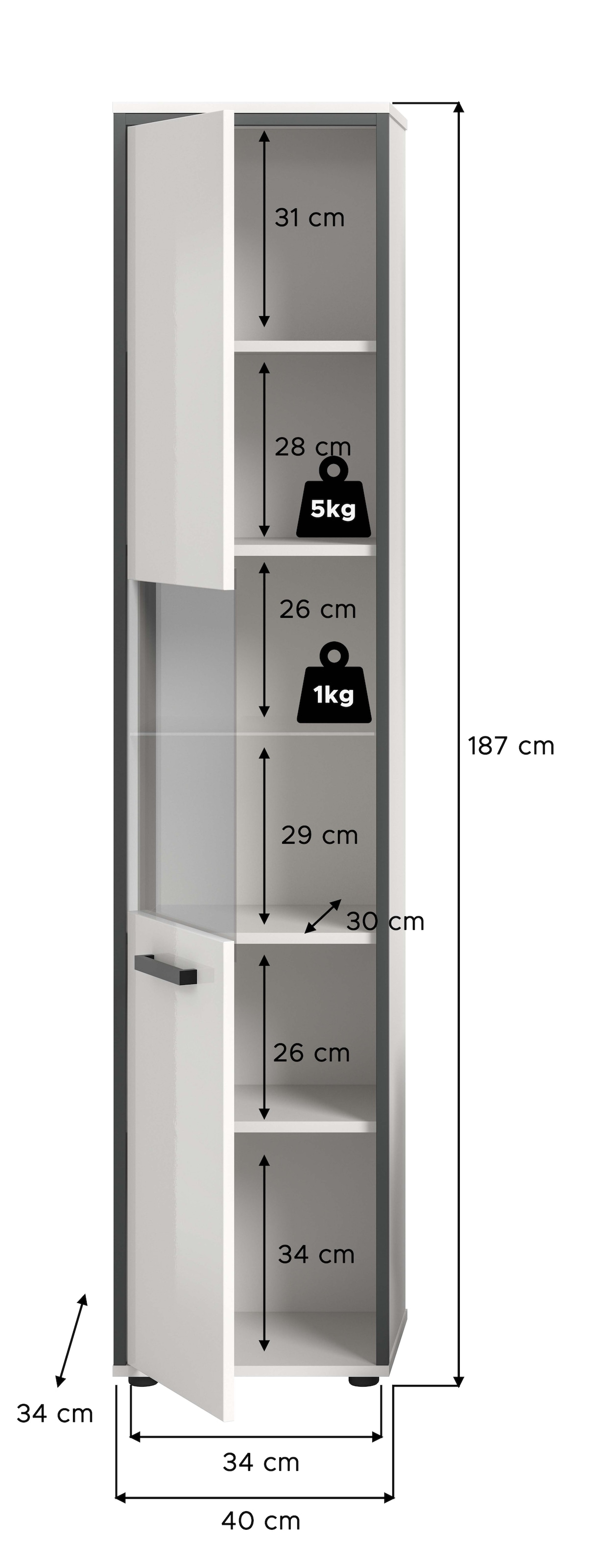 welltime Armoire haute »KAJO, hochglanz Front, Glastür, 1 Glas Einlegeboden, 6 Fächer« 1 cuis tlg. Badschrank, Hochschrank, Bad, Badezimmer