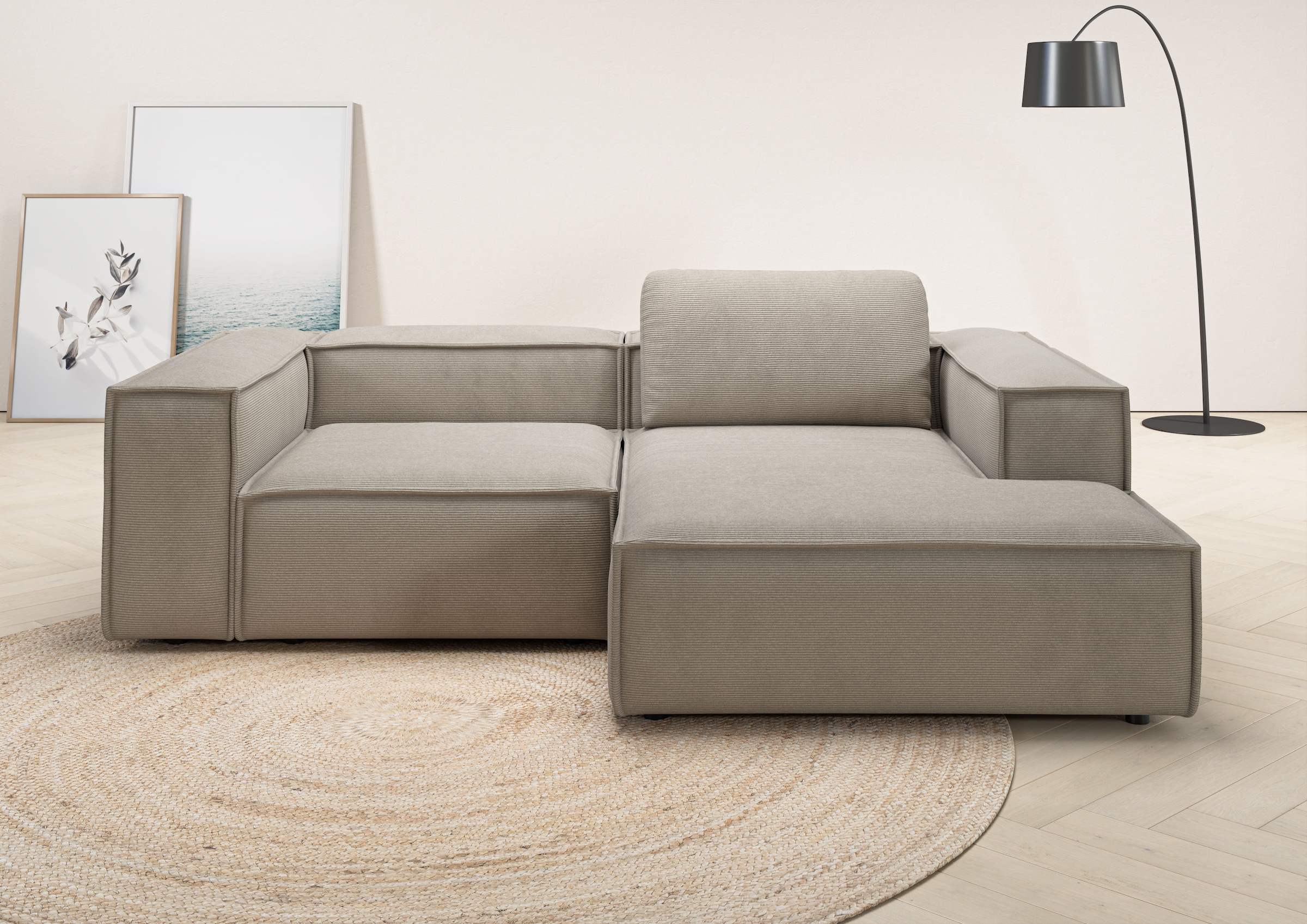Home affaire Ecksofa »Watertown, kompakte L-Form, Japandi Design, 246 cm Breite« modernes Ecksofa mit Feincordbezug, platzsparend & bequem