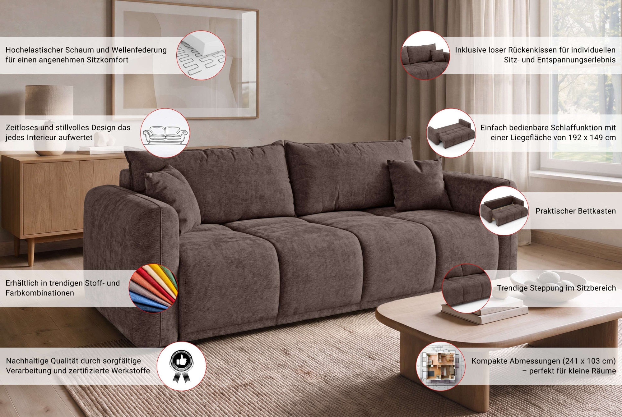 GOODproduct 3-Sitzer »LOXXA Schlafsofa mit Bettkasten, komfortables Sitzgefühl, Breite 241cm« Liegefläche 150x192cm, inklusive Rückenkissen, moderne Steppung
