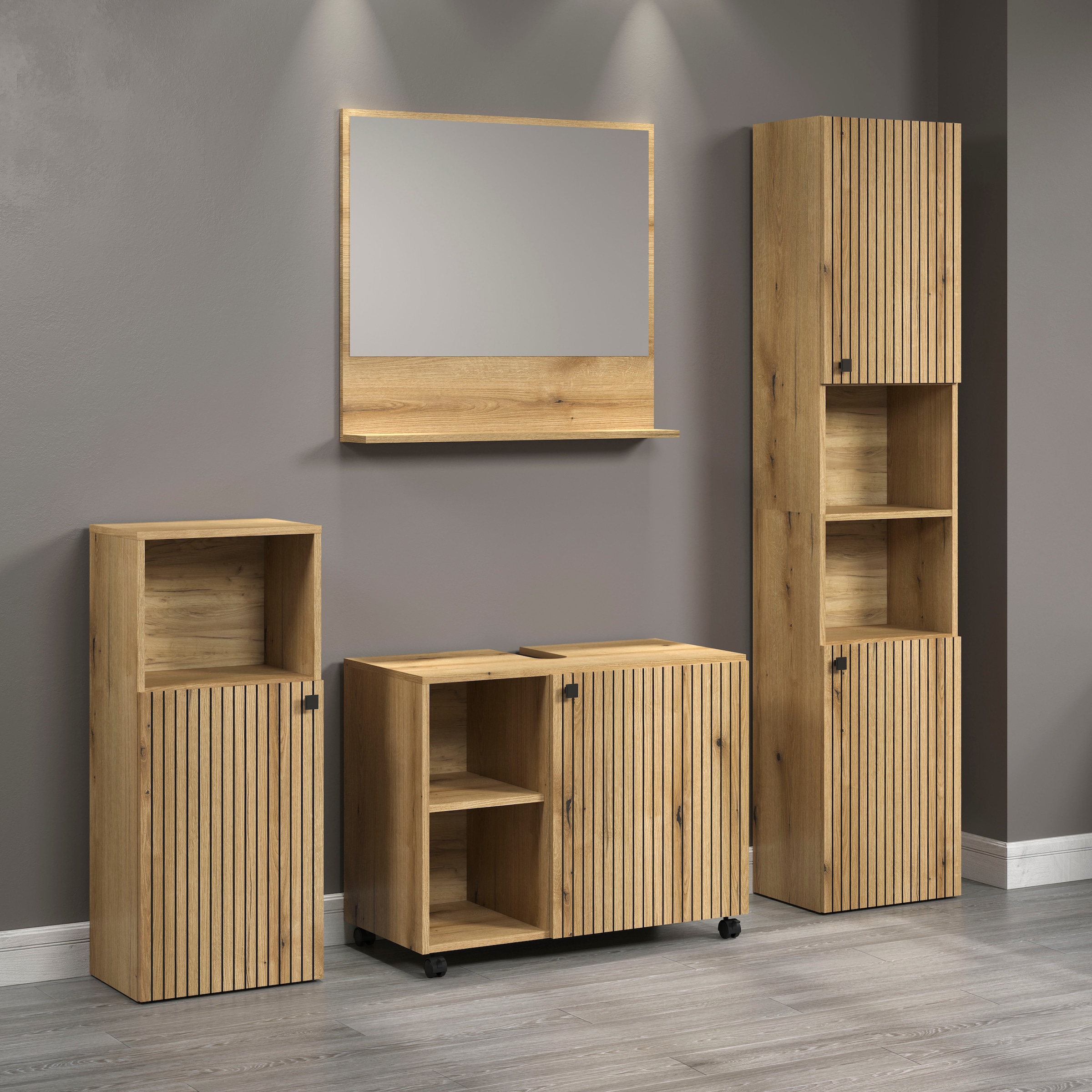 welltime Ensemble de meubles de salle de bain »Amrum Waschbeckenunterschrank Spiegel Hochschrank Badschrank« Ensemble complet, 4 cuis tlg.