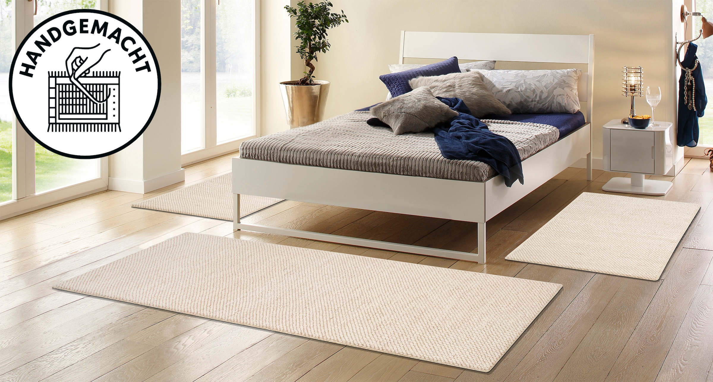 GOODproduct Bordure de lit »Wolly, Handweb Teppiche« Höhe 14 mm 3 cuis tlg. Bettvorleger, Wolle, handgewebt, Läufer-Set Wohnzimmer, Schlafzimmer