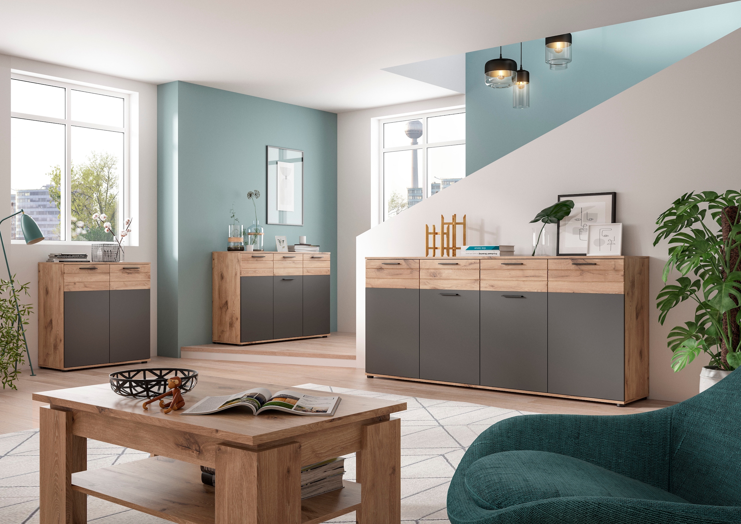 Home affaire Sideboard »Riga, Breite 180cm, 4 Türen, 2 Schubkästen, 6 Einlegeböden, 10 Fächer« hochwertige Rillenfräsung, mit Softclose, Kommode, Anrichte, Schrank