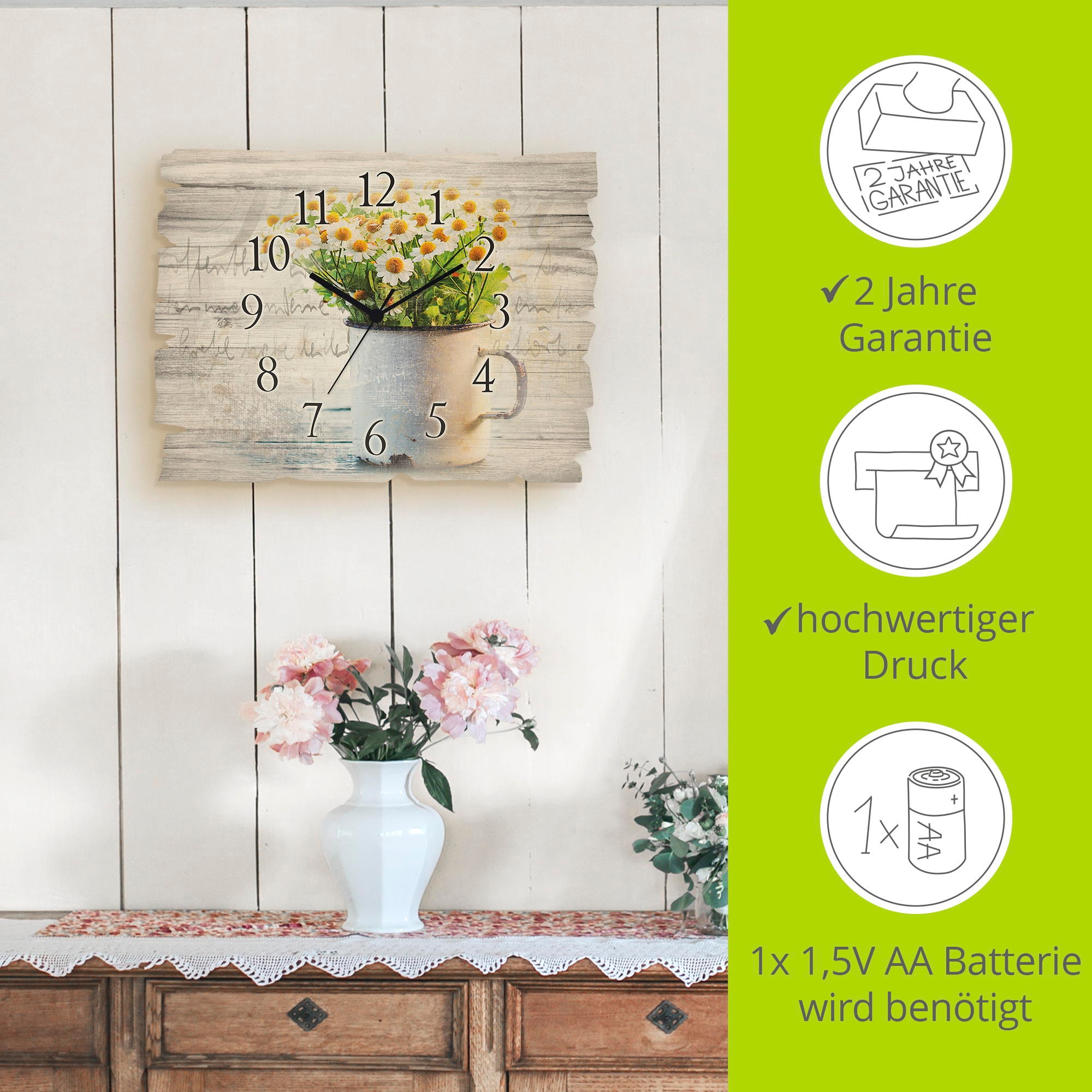 Artland Wanduhr »Frühlingsgarten mit Gänseblümchen« wahlweise mit  Quarz- oder Funkuhrwerk, lautlos ohne Tickgeräusche