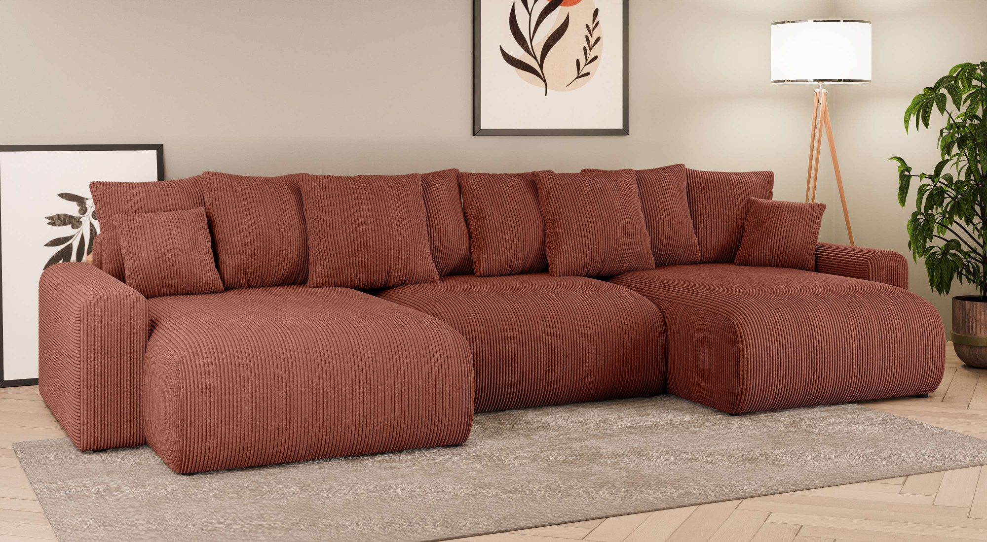 Home affaire Paysage de salon »LAKESIDE mit Bettfunktion und Bettkasten, Masse B/T/H: 332,5/142/84 cm« U‑Form mit vielen Kissen und Wellenunterfederung