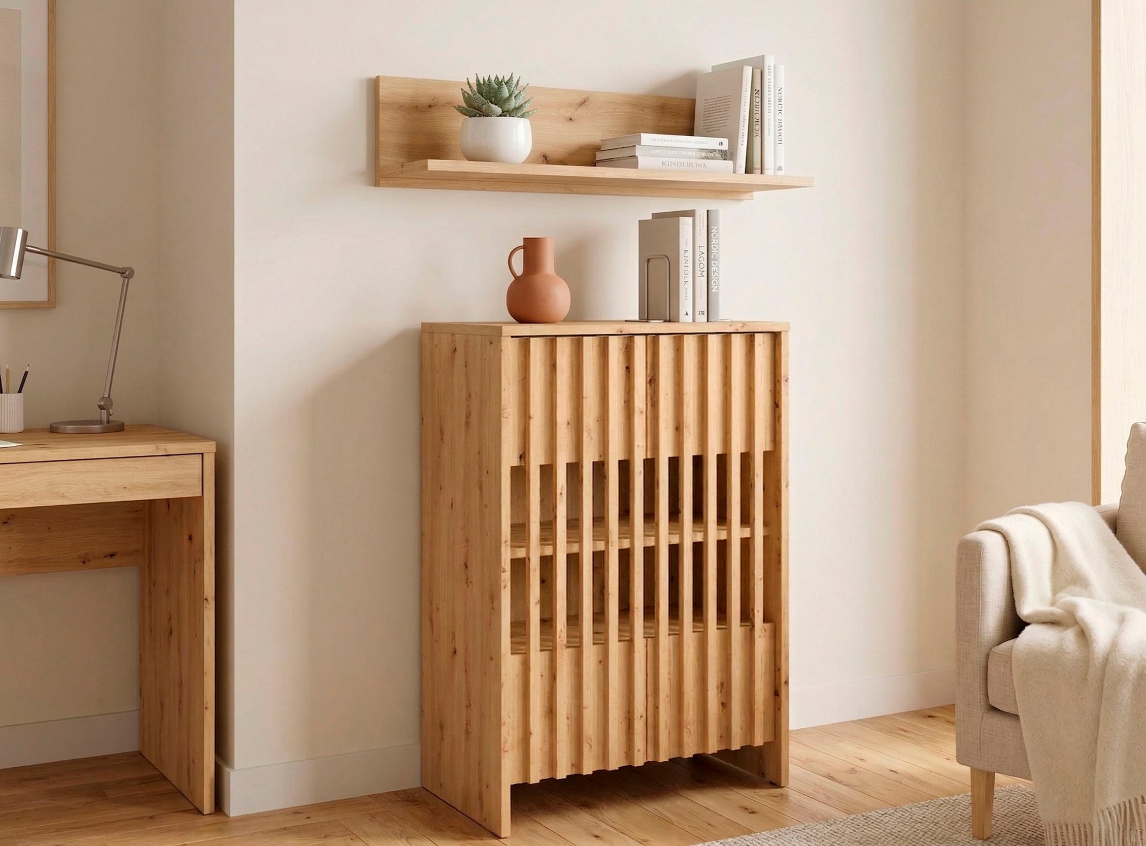 Home affaire Armoire multi-usages »MURET, multifunktionale Kommode, 4 Fächer und 2 Türen, Lamellenfronten« Masse B/T/H: 60/35,4/87 cm,  Kommode mit viel Stauraum, Masse B/T/H: 60/35,4/87 cm